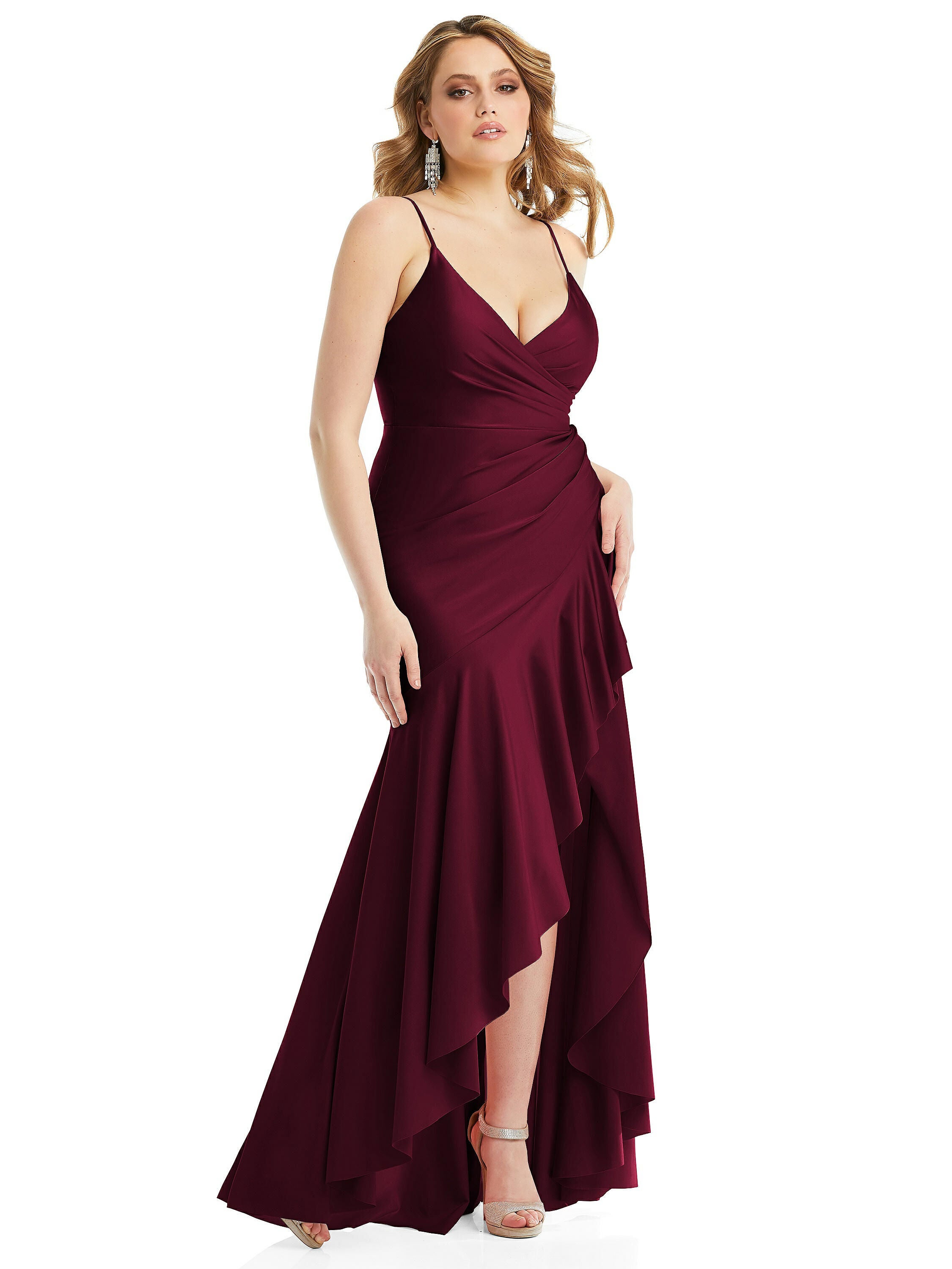 Pleated Wrap Ruffled High Low Stretch Satin Gown with Slight Train, Cabernet / New Wine, hi-res image number 0