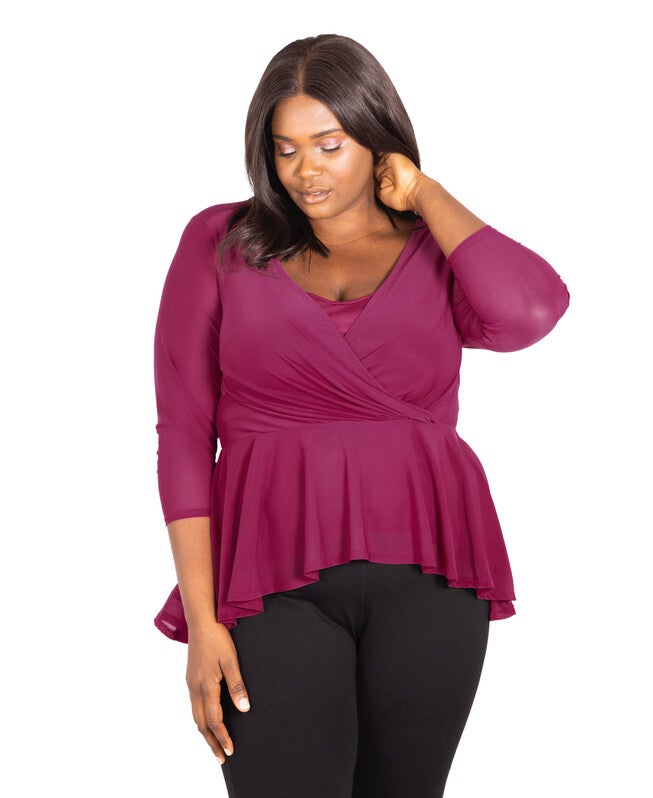 Faux High Low Wrap Blouse, Wine / Burgundy, alternate image number null