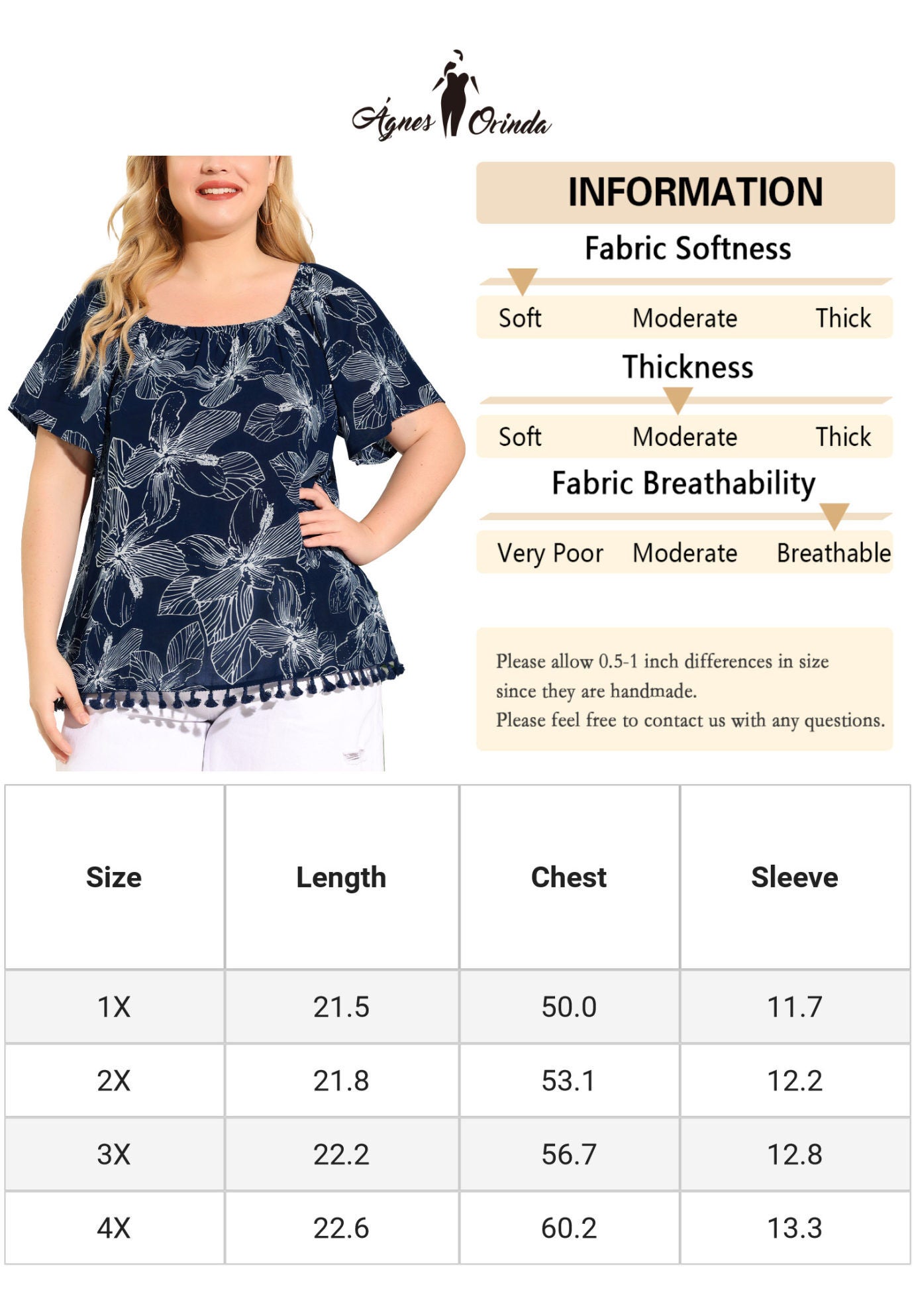 Square Neck Floral Tassel Hem Boho Tops, Navy Blue / Navy, alternate image number 4