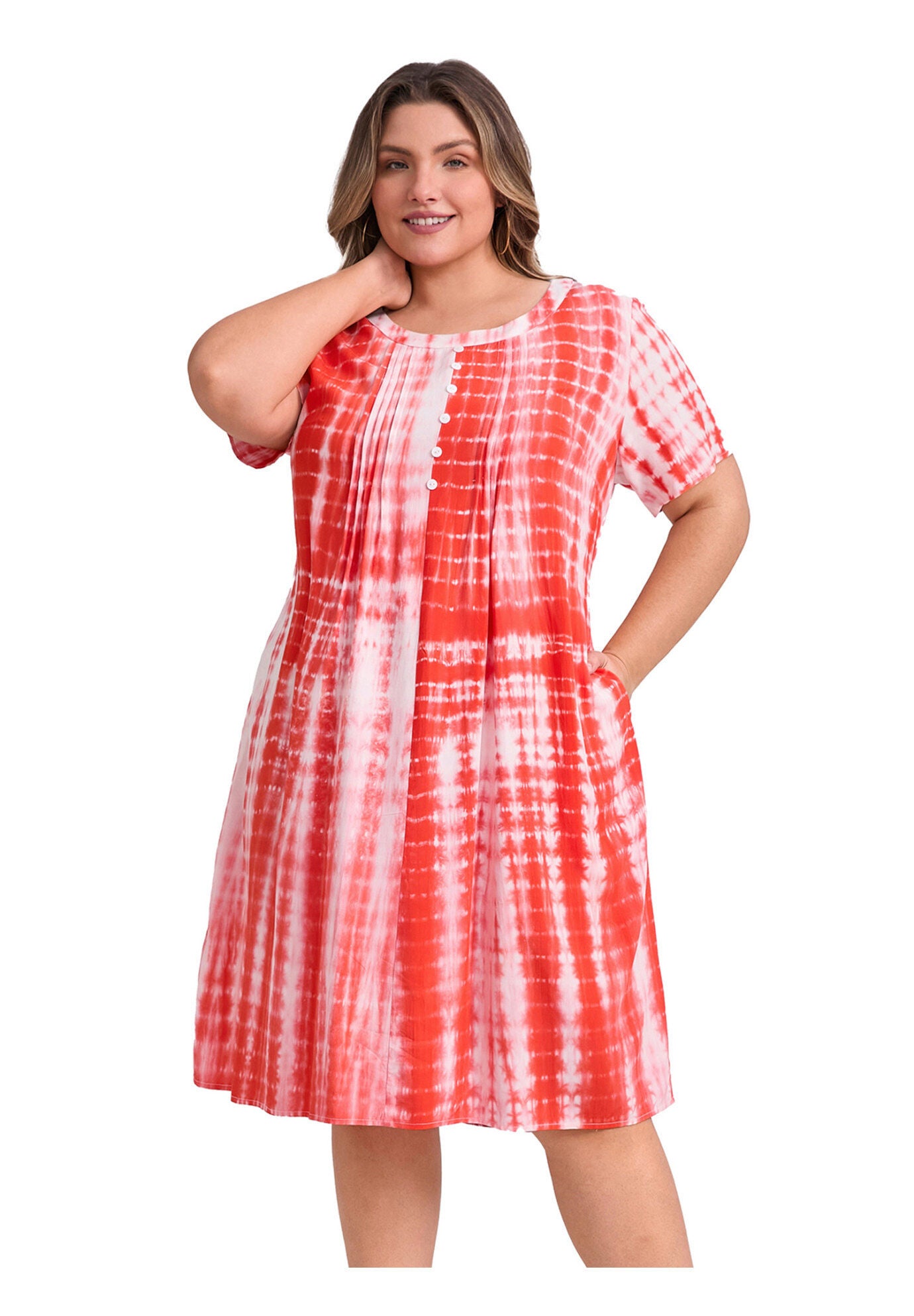 Toothpick Pleated Tie Dye Button Decor Round Neck Short Sleeve A-Line Dresses with Pockets, Orange / Orange, hi-res image number 0