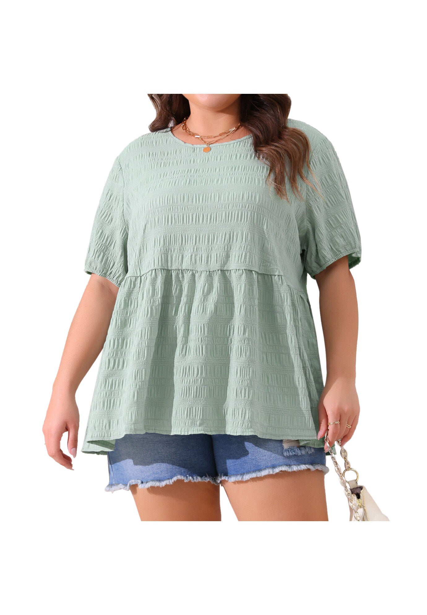 Babydoll Short Sleeve Loose Fit Flowy Blouse, Greyish Green / Mint, alternate image number 2