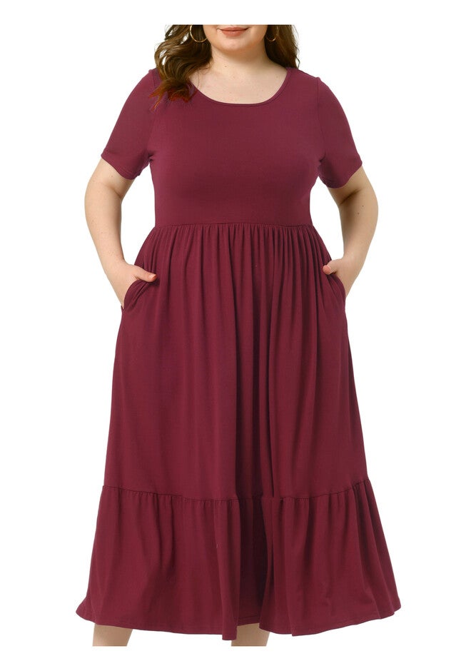 Short Sleeve Crew Neck Swing Flowy Summer Maxi Dress, Burgundy / Burgundy, alternate image number 2