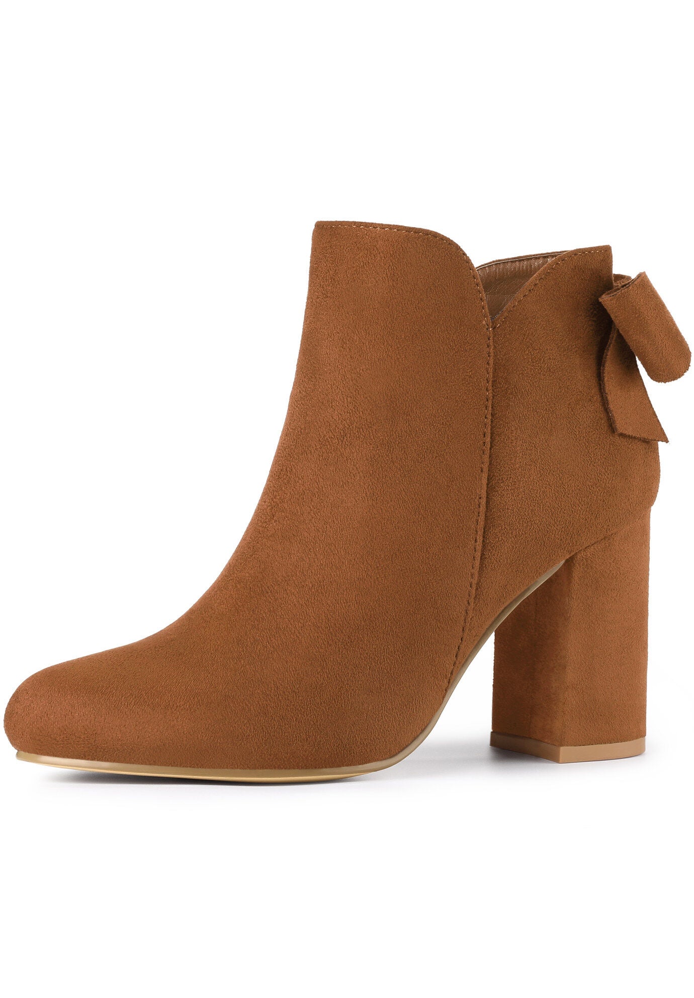 Round Toe Bow Decor Chunky Heel Ankle Boots, Brown / Brown, hi-res image number 0