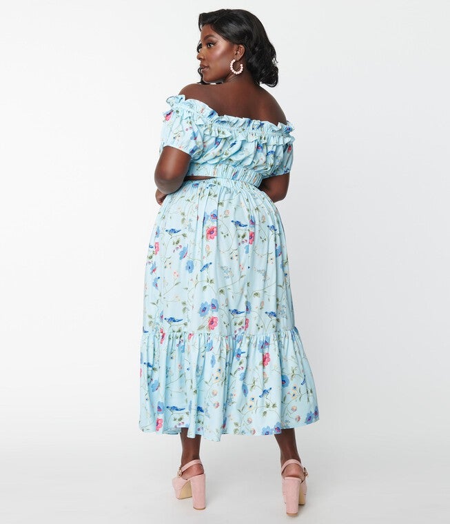 Unique Vintage Blue Floral & Blue Bird Tiered Midi Skirt, Blue Floral / Light Blue, alternate image number null