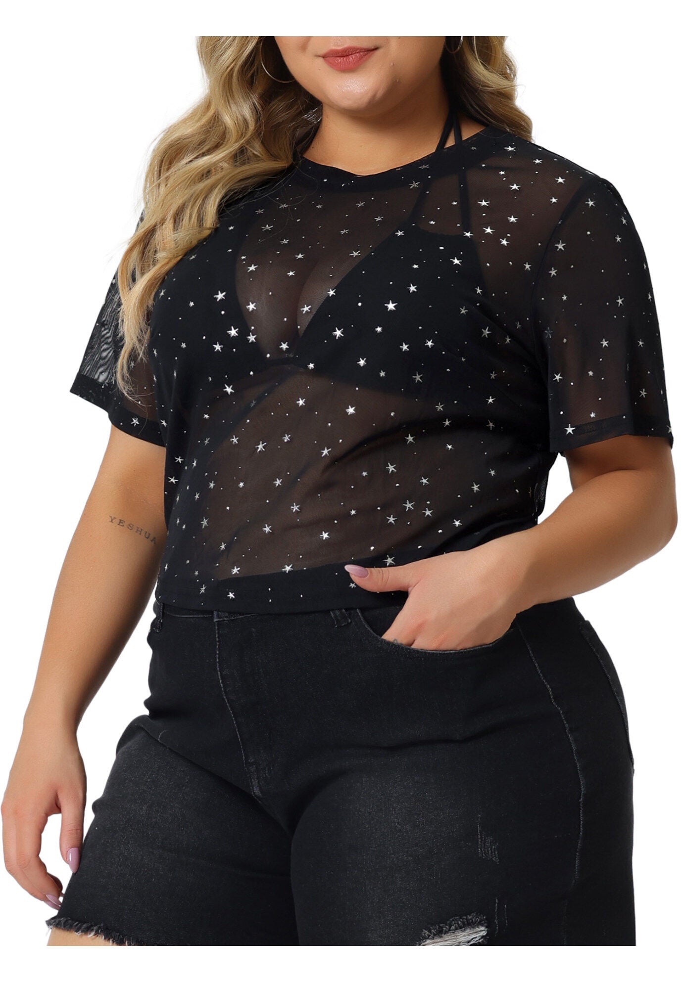 MESH TOP GLITTER SILVER STAR SHEER SEE THROUGH SHORT SLEEVE SHORT TEE, Black / Black, alternate image number 1