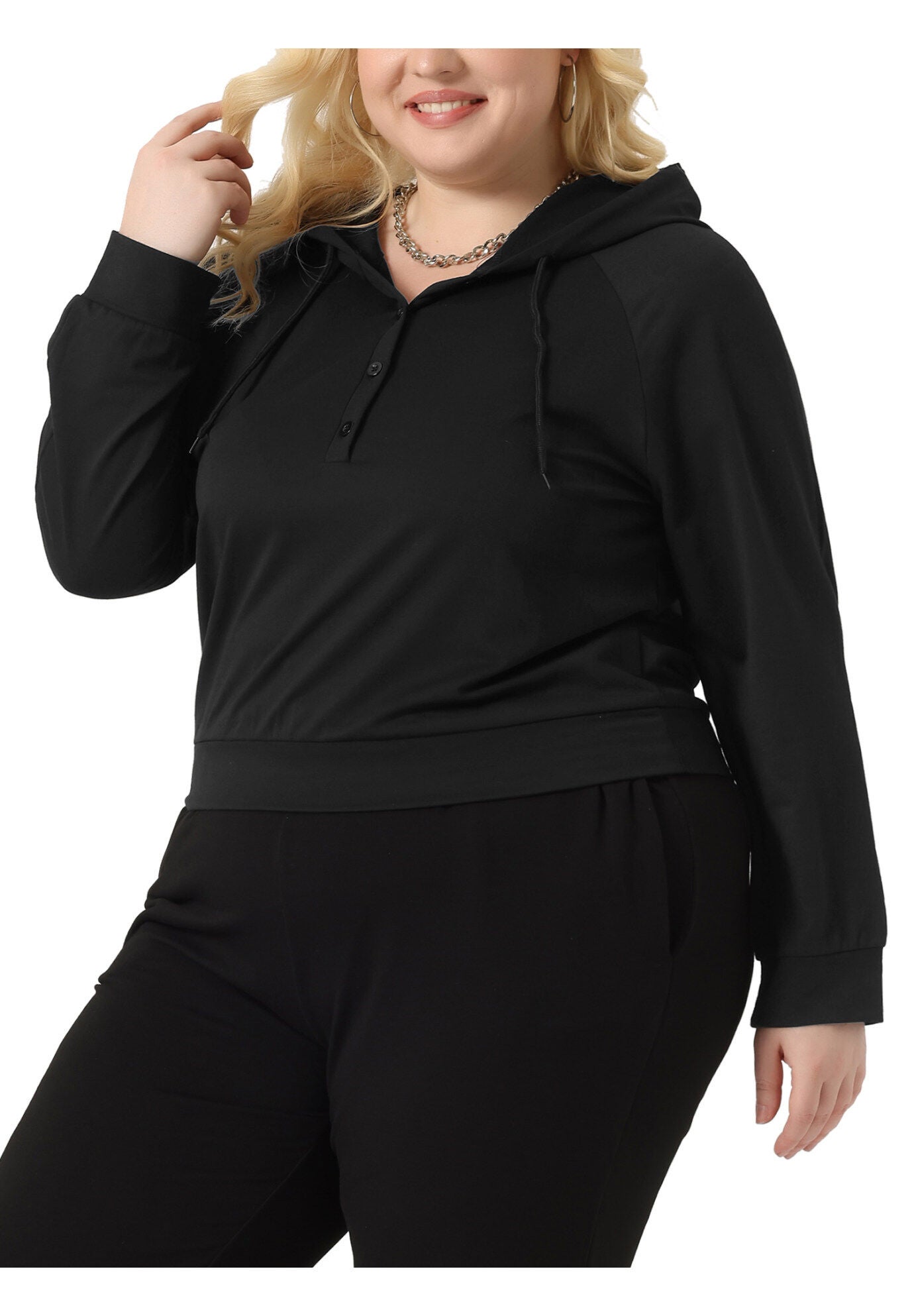 Button Collar Drawstring Hoodies Pullover Sweatshirt Top, Black / Black, alternate image number 1
