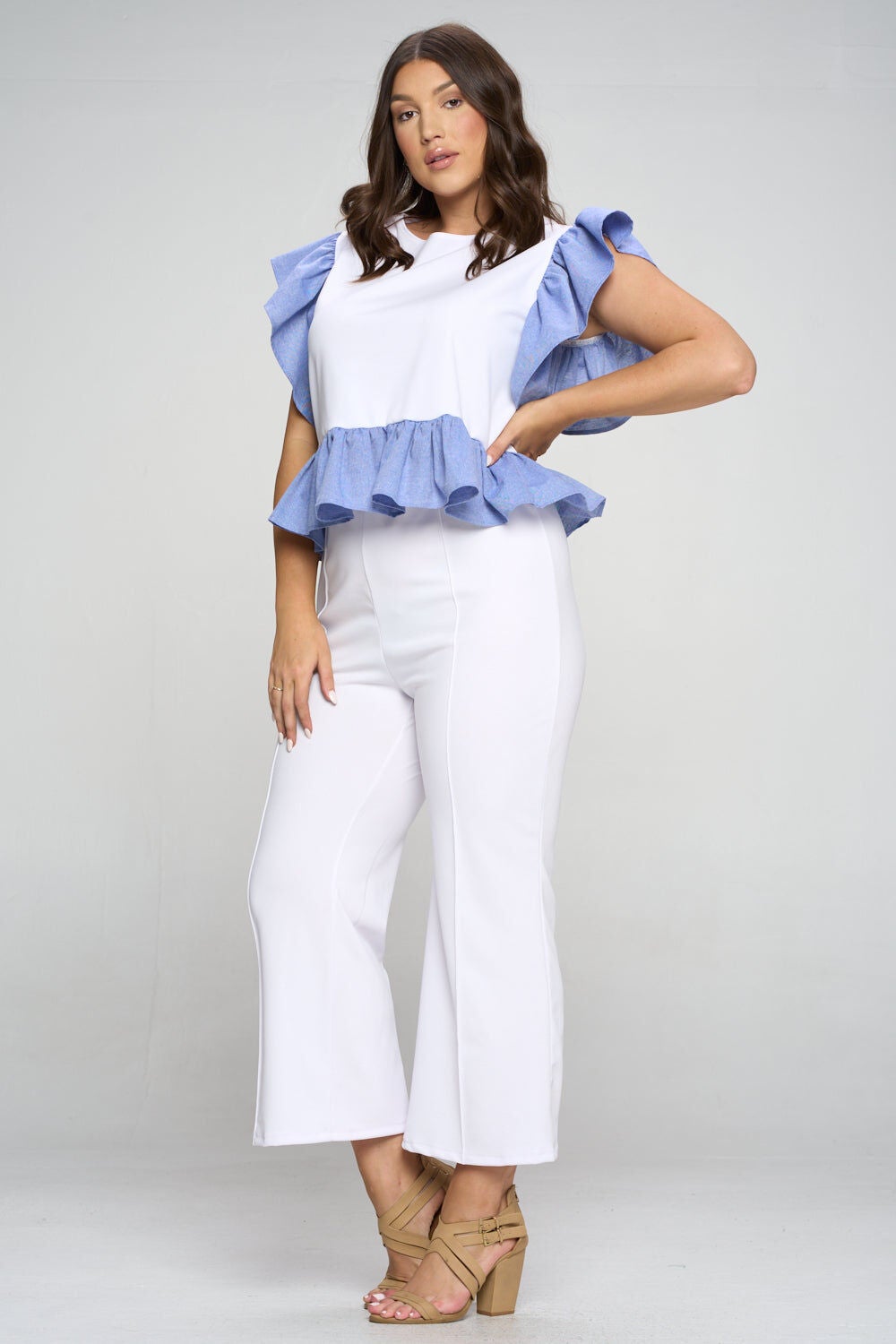 RUFFLED BABYDOLL PEPLUM TOP, White and Denim / White, alternate image number 4