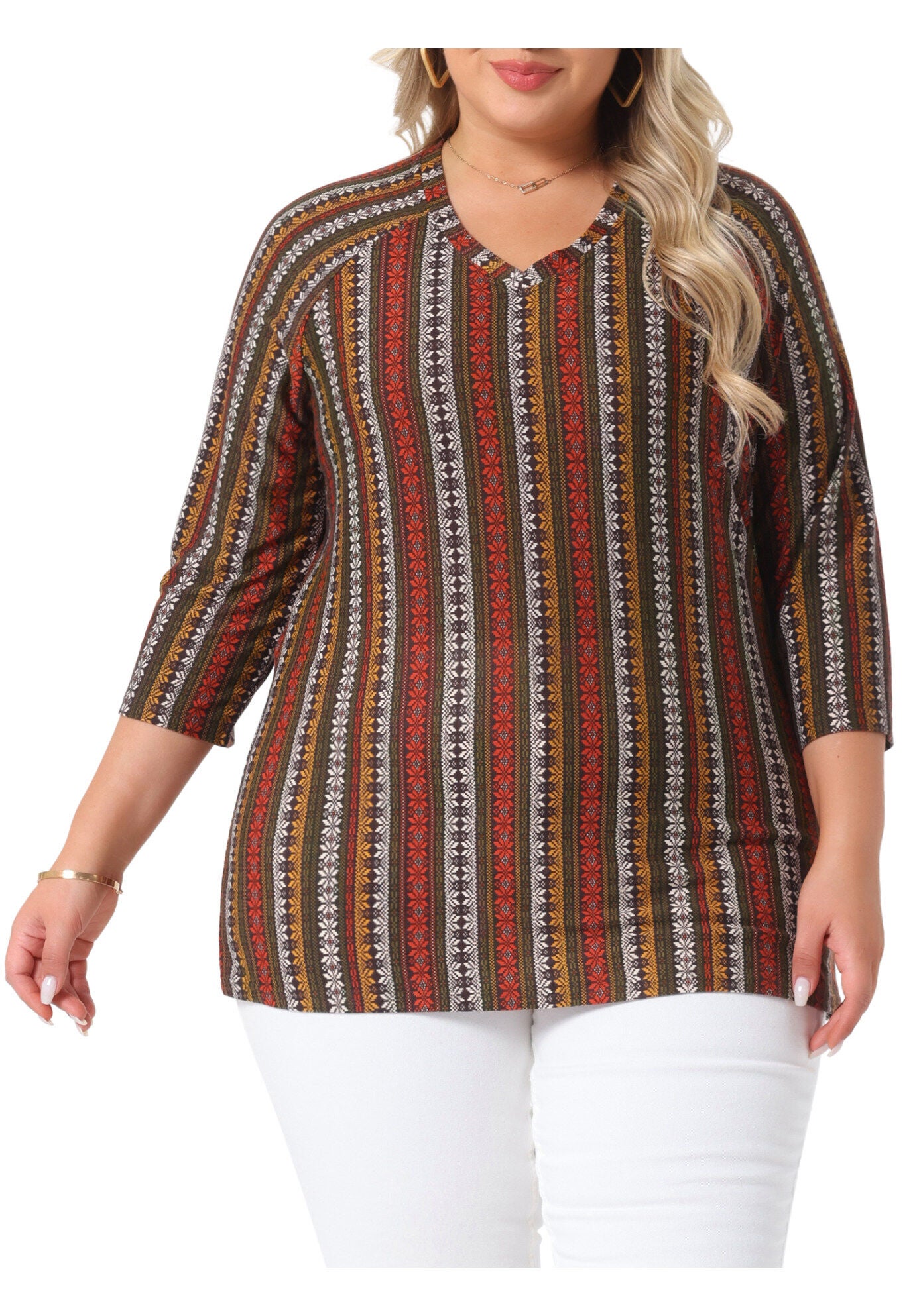 3/4 Sleeve Knit Blouse Tee Stripe Boho Top, Red Brown / Red, alternate image number 1
