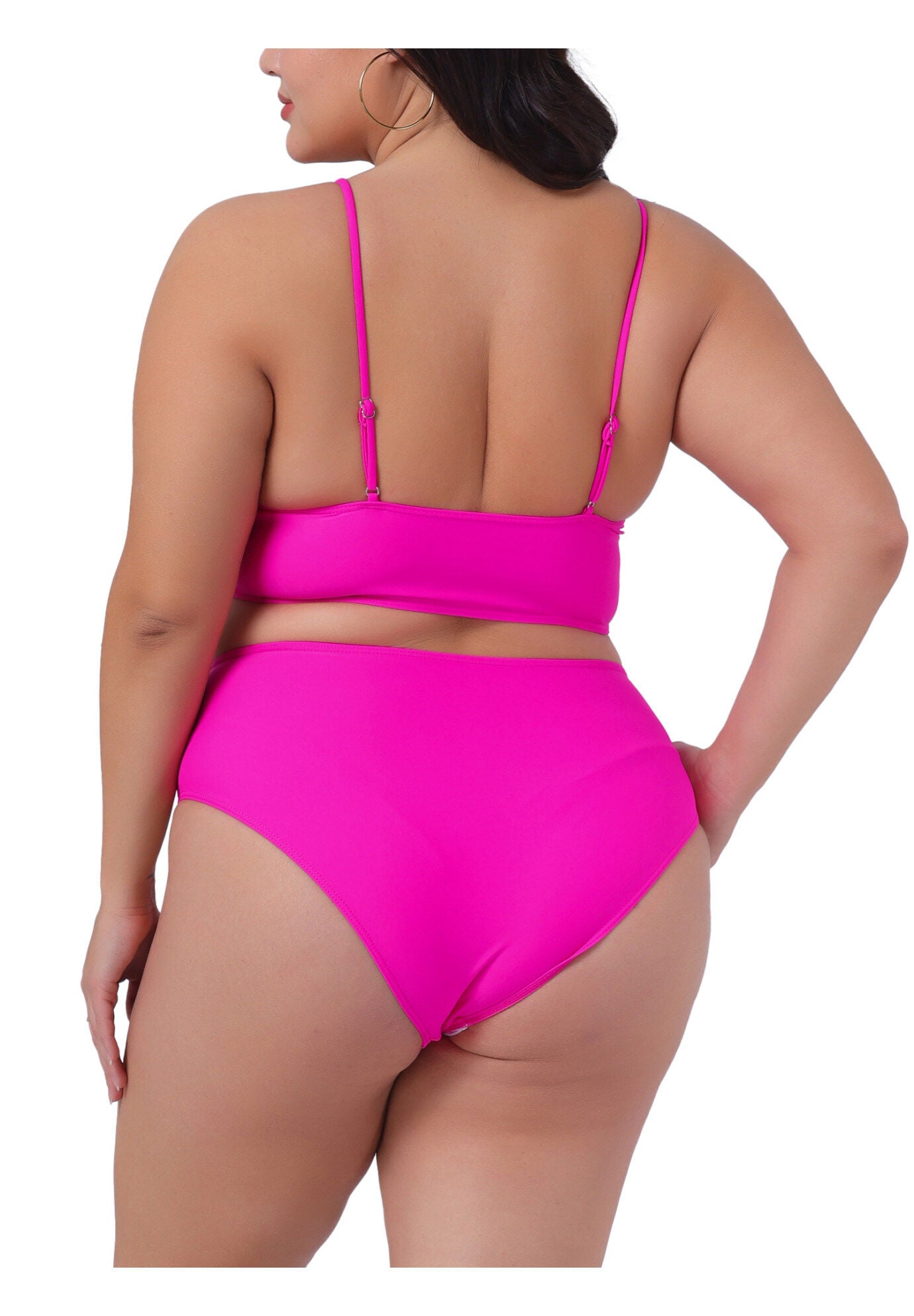 High Waisted V Neck Two Piece Bikini Set, Hot Pink / Deep Fuchsia, alternate image number 3