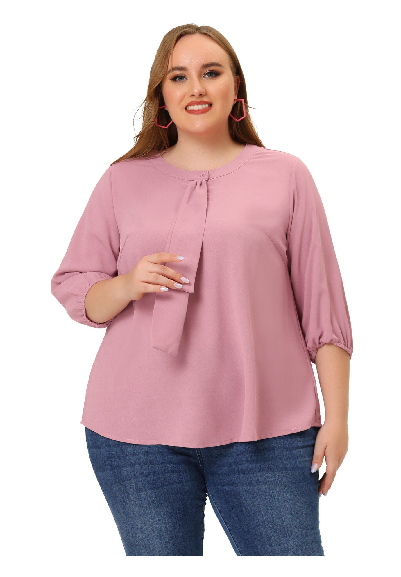 Work Round Neck Ruffle Chiffon Blouse Top, Pink Purple / Pink, alternate image number 2