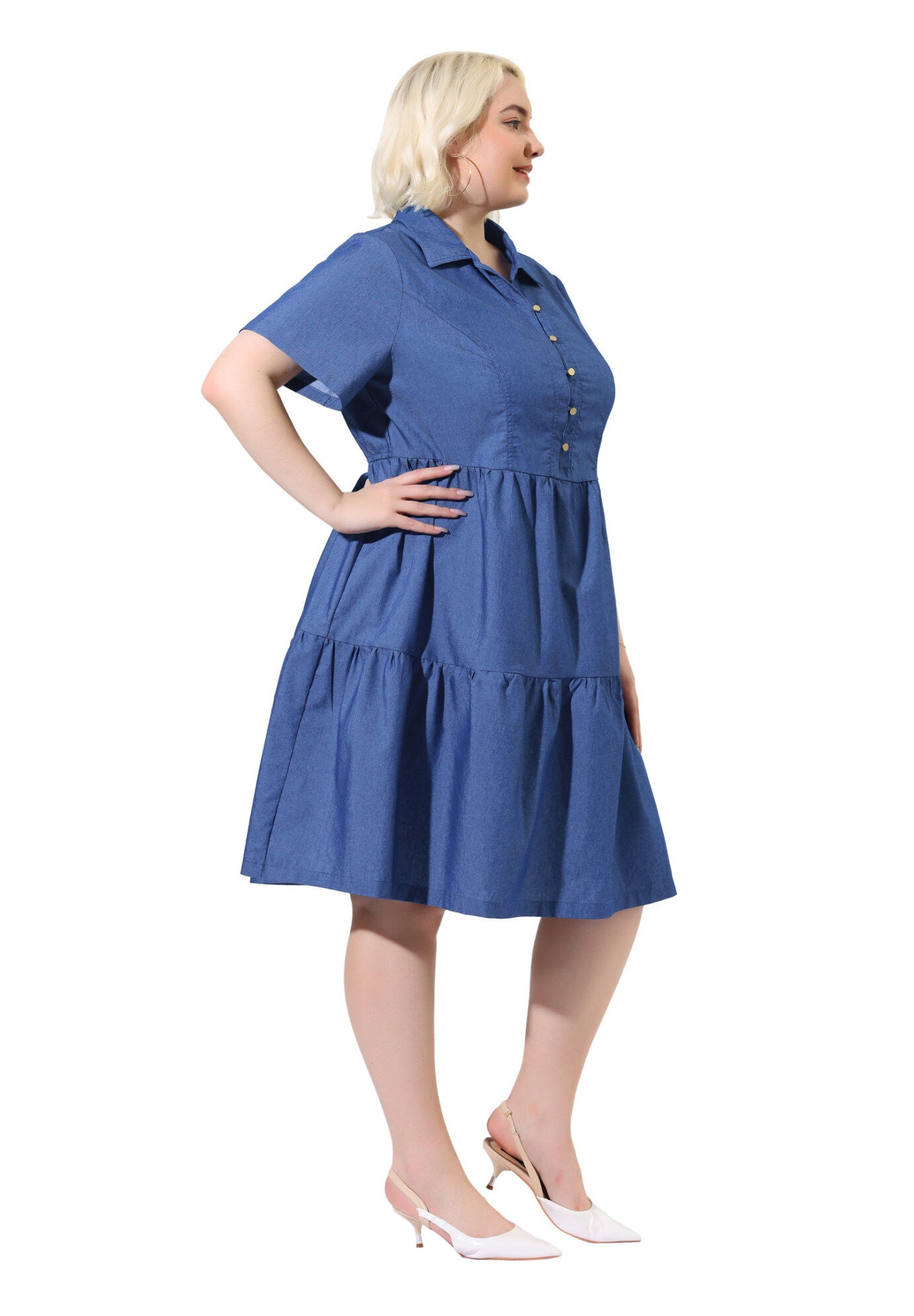 Short Sleeve Button Down Flowy Tiered Shirt Chambray Dress, Light Blue / Light Blue, hi-res image number 0