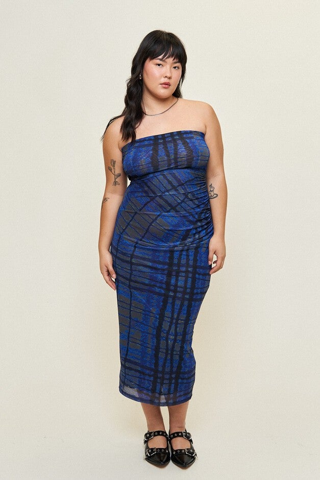 Charlie Ruched Mesh Tube Dress, Indigo Plaid / Royal Blue, hi-res image number 0