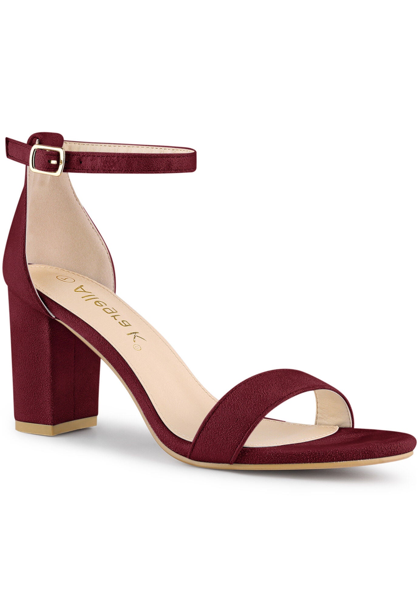 Buckle Ankle Strap High Chunky Heels Sandals, Burgundy / Burgundy, hi-res image number 0