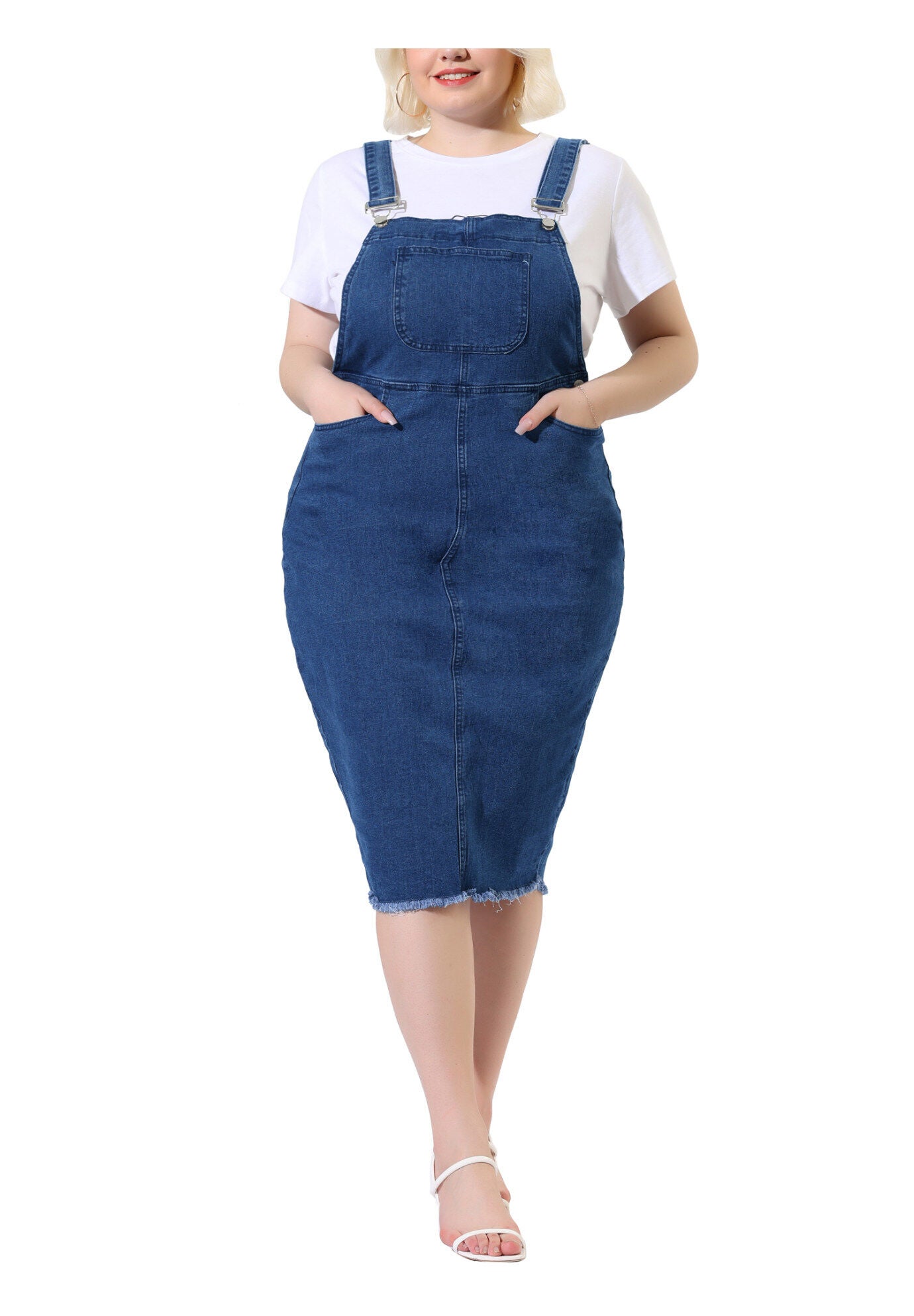 ADJUSTABLE STRAP BACK SLIT DISTRESSED DENIM OVERALL DRESS, Dark Blue / Navy, alternate image number 1