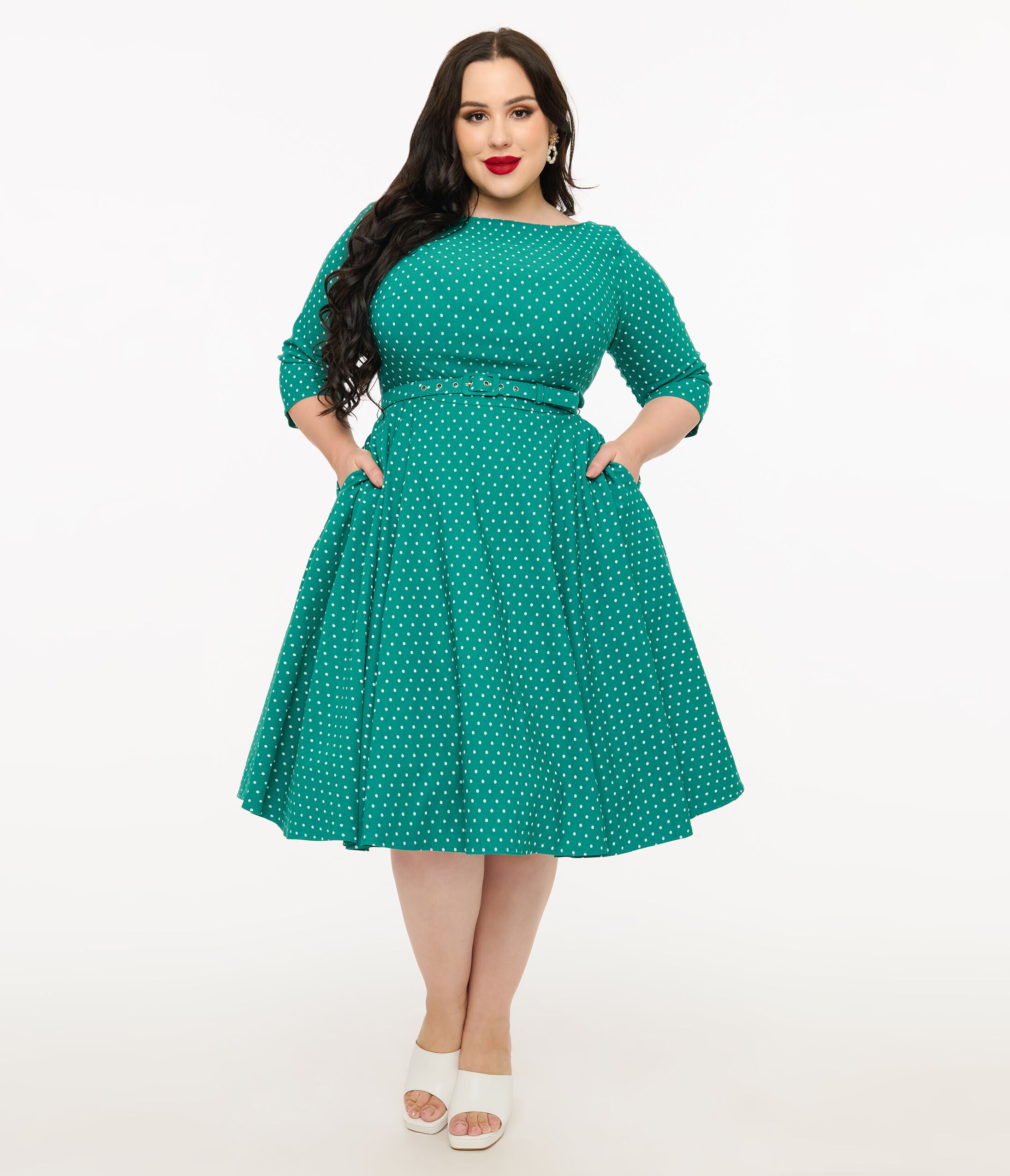 Unique Vintage Plus Size Teal & White Pin Dot Devon Swing Dress, Teal / Teal, alternate image number 2