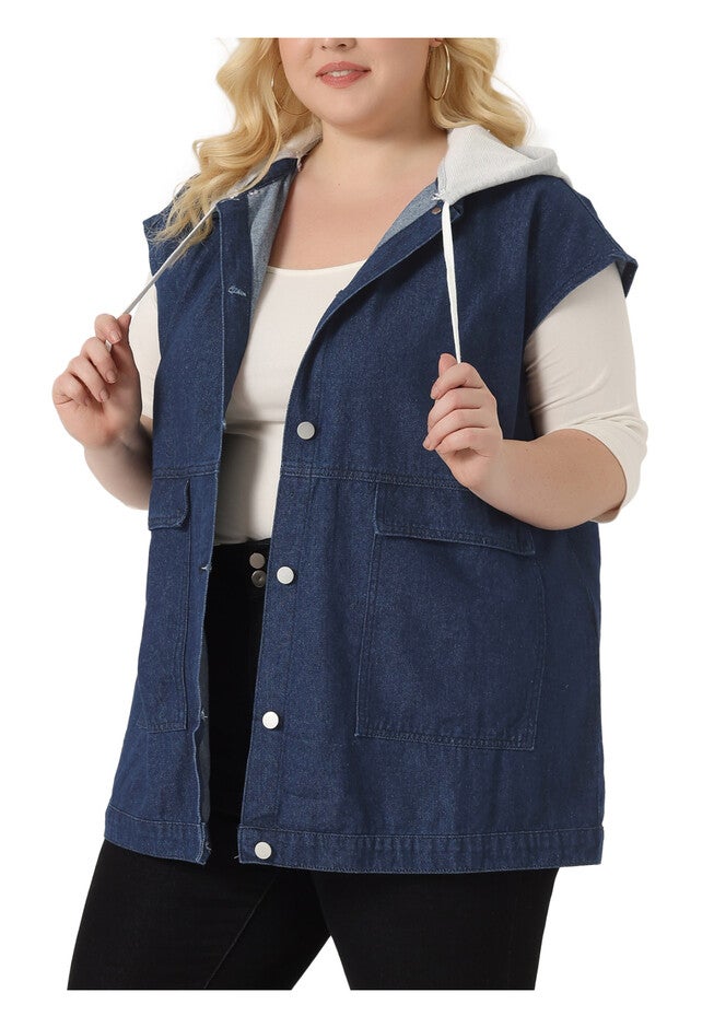 DRAWSTRING HOOD UTILITY LONG JEAN DENIM JACKET VEST, Dark Blue / Navy, alternate image number 1