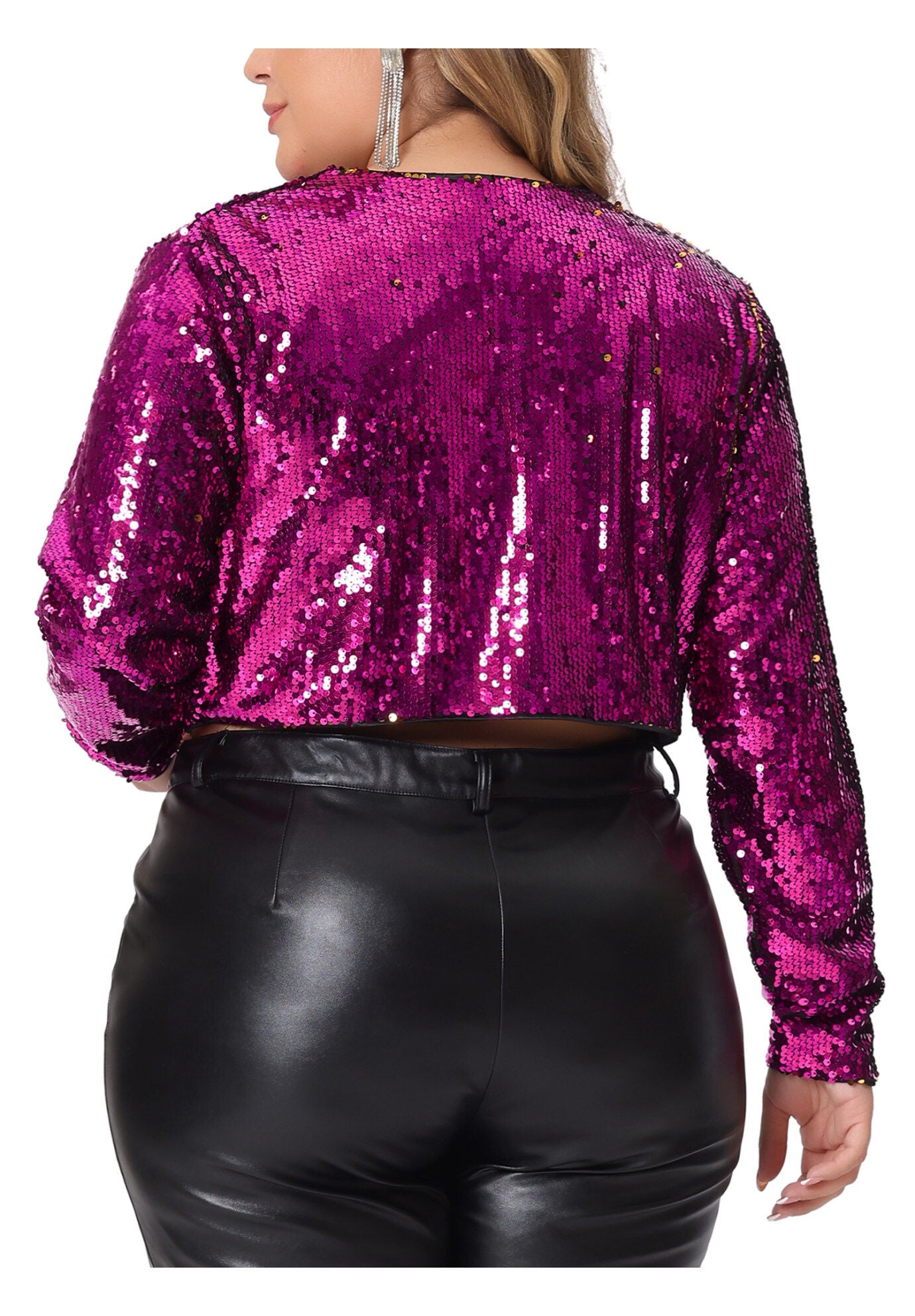 OPEN FRONT LONG SLEEVE METALLIC SEQUIN CROP JACKET, Hot Pink / Pink, alternate image number 4