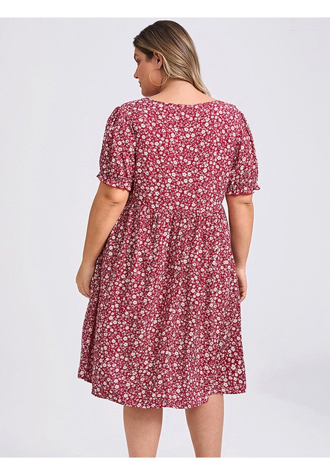 Floral Tie Neck Puff Sleeves Above Knee A-Line Dress with Pockets, Dark Red / Burgundy, alternate image number null