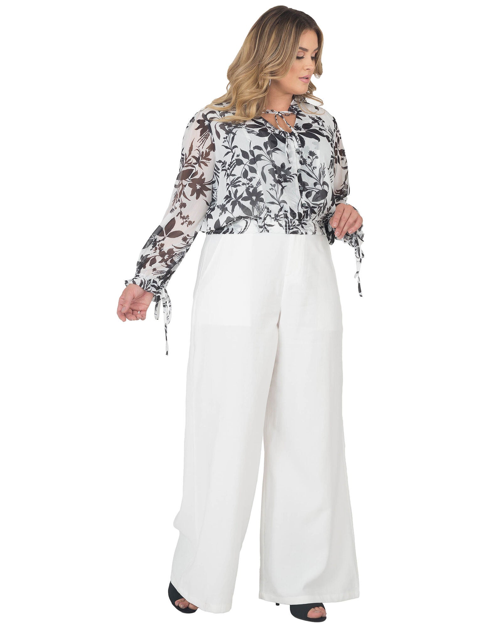 Plus Size Jessica Chiffon Tie-Neck Long Sleeve Prairie Top, Black  White Floral / White, alternate image number 3