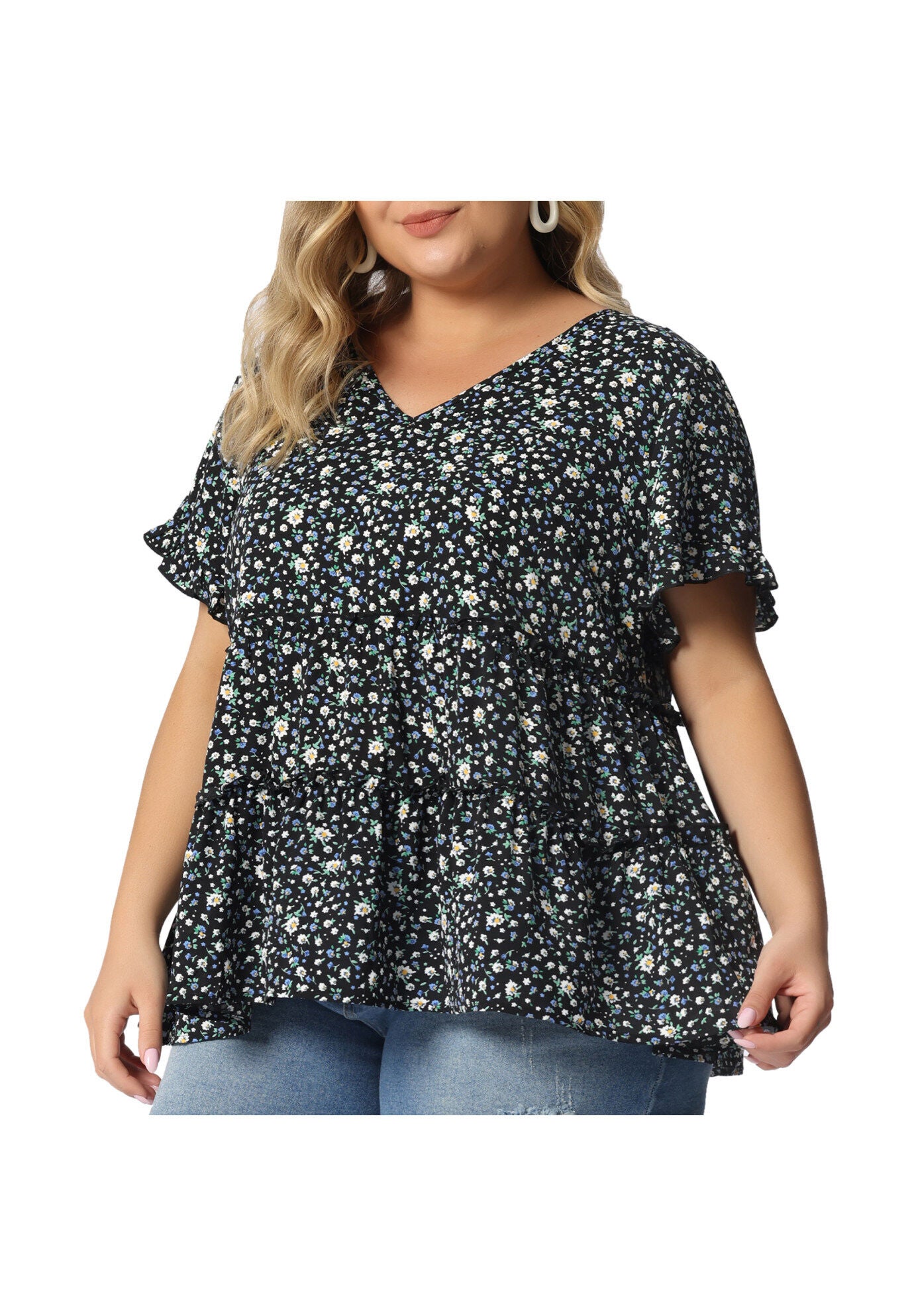 Floral Print V Neck Ruffles Sleeve Tiered Babydoll Blouse, Black / Black, alternate image number 2