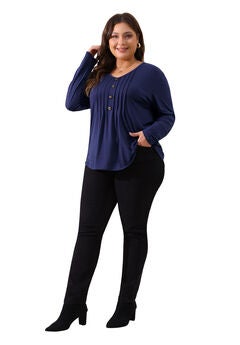 Long Sleeve Pleated Front V Neck Button Blouse