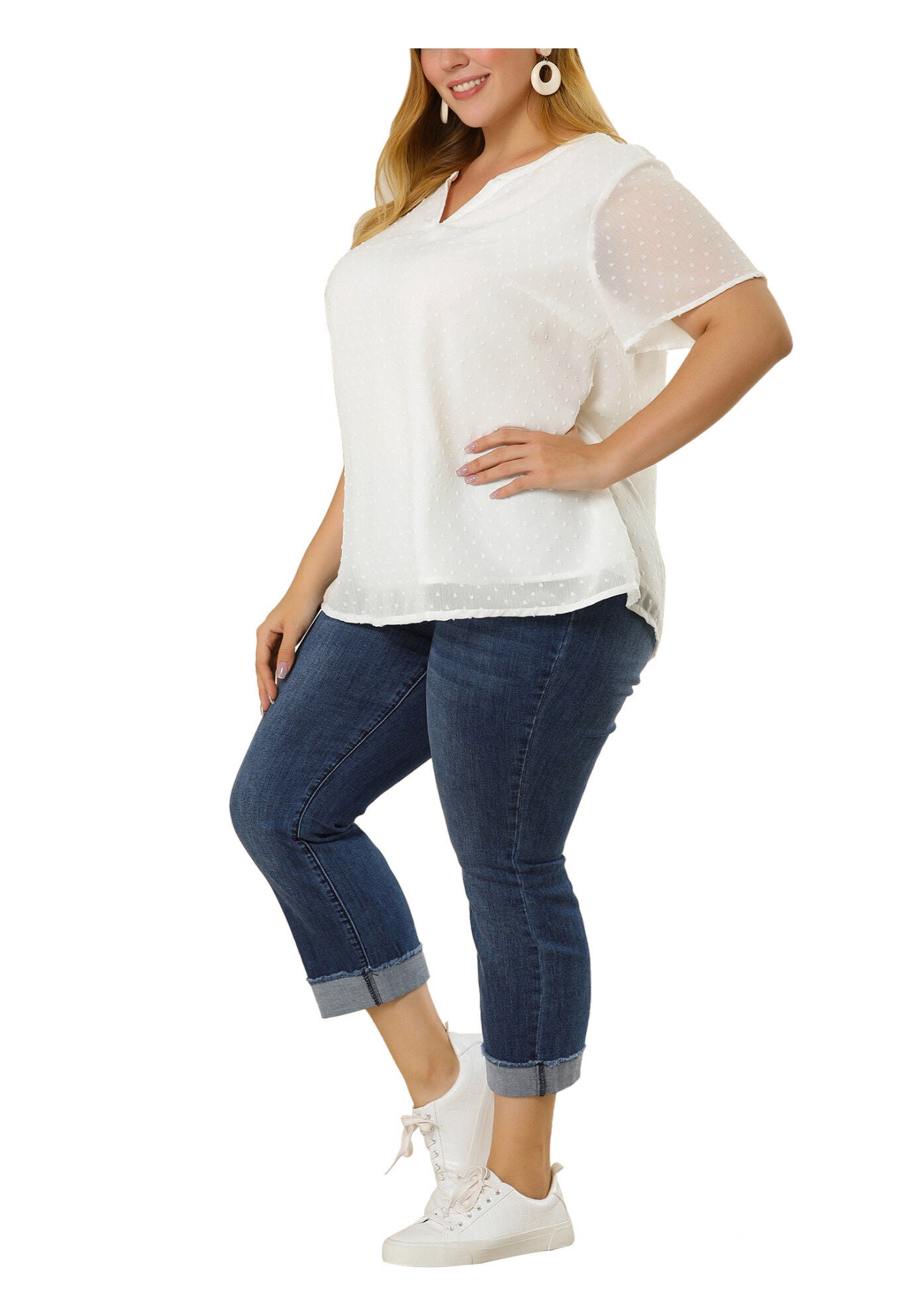 Swiss Dots Notched Neck Short Sleeve Basic Blouse, White / White, alternate image number 1