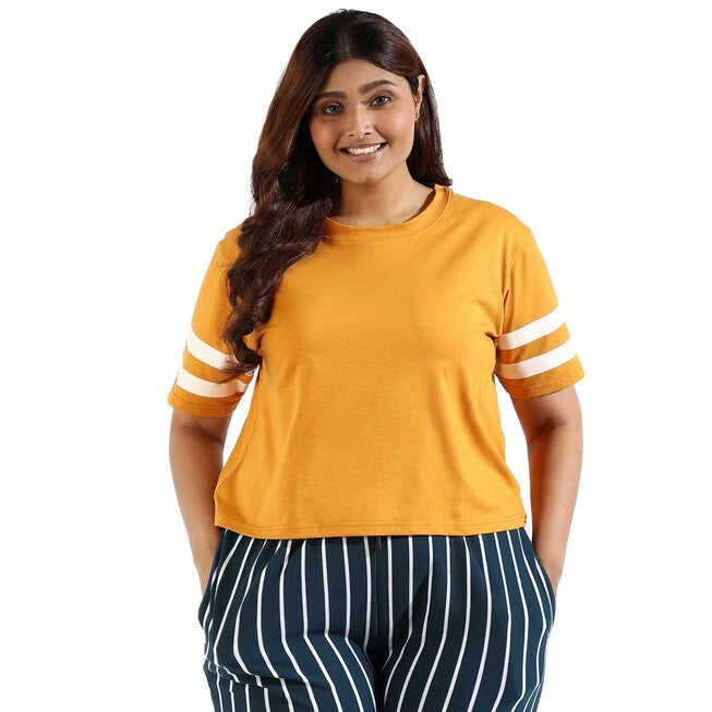 Women Solid Short Sleeve Round Neck Top, Mustard / Mustard, hi-res image number null