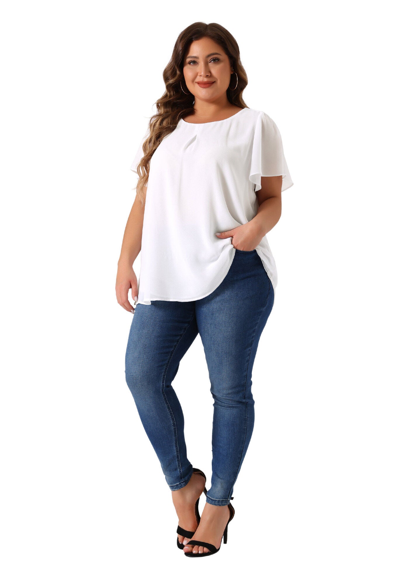 Ruffle Short Sleeve Double-Layered Chiffon Blouse, White / White, hi-res image number 0