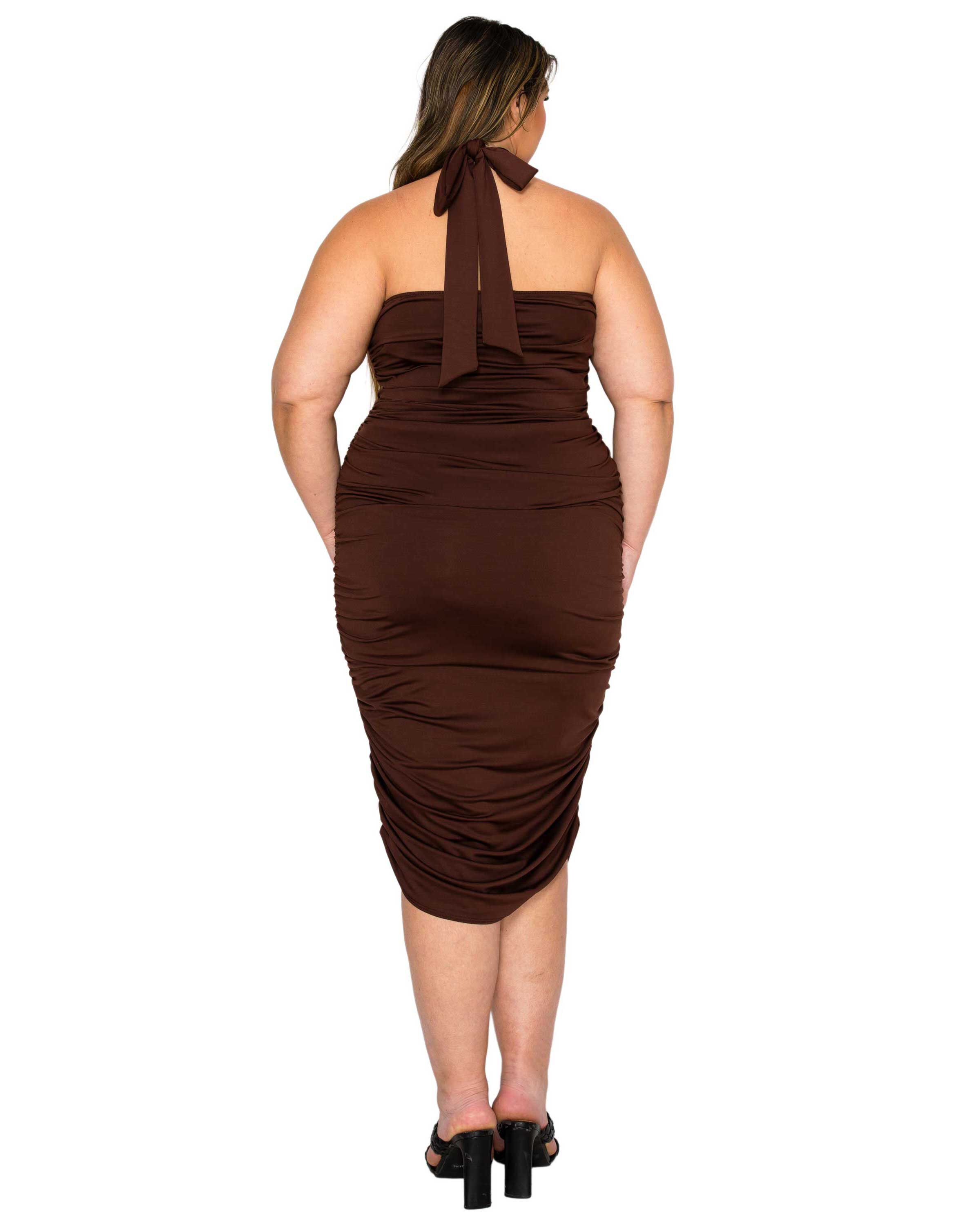 IZZY SIDE RUCHED HALTER NECK DRESS, Mocha Dark / Brown, alternate image number 2