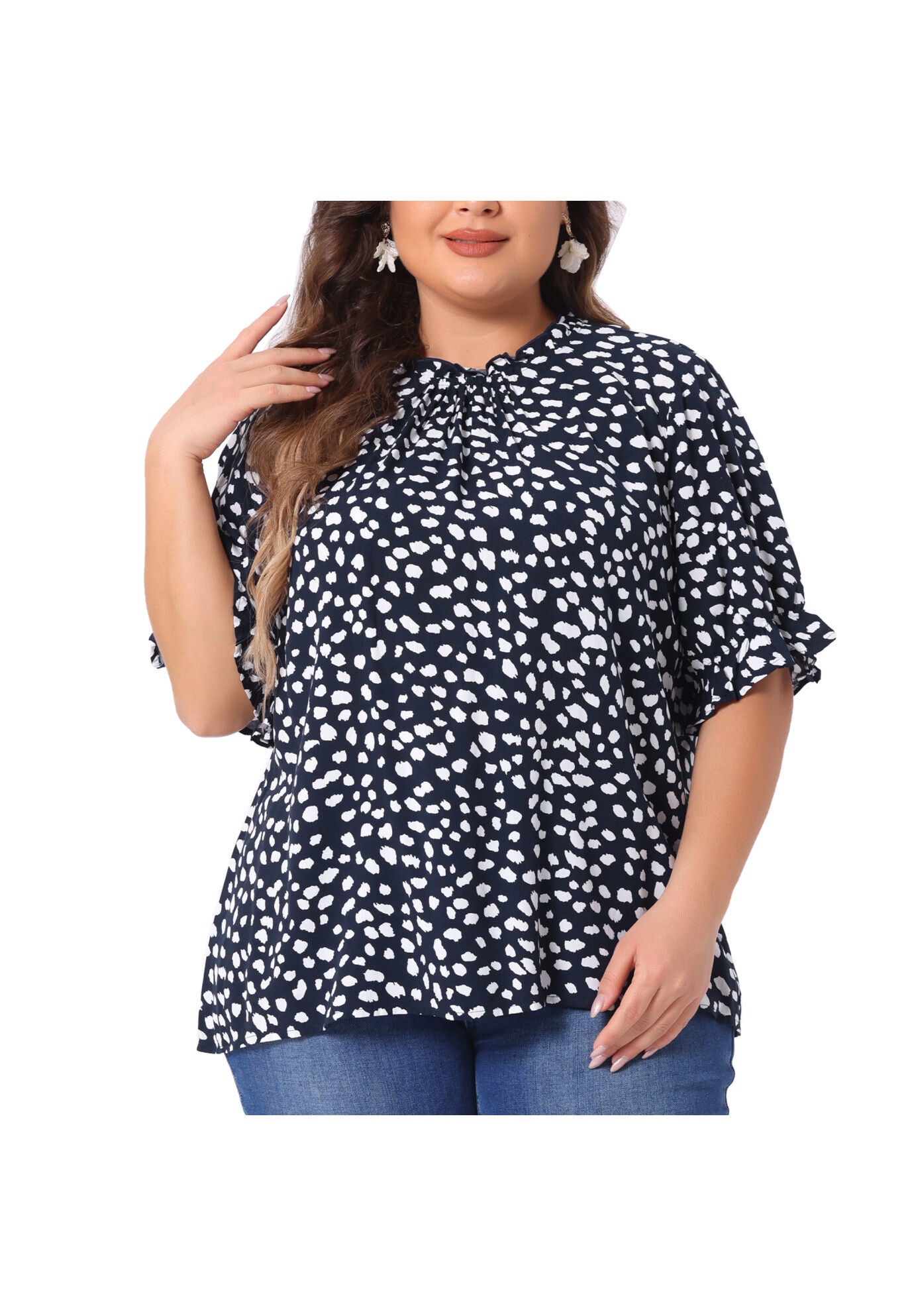 Polka Dots Printed Short Sleeve Ruffle Mock Neck Blouse, Navy Blue / Navy, alternate image number 1
