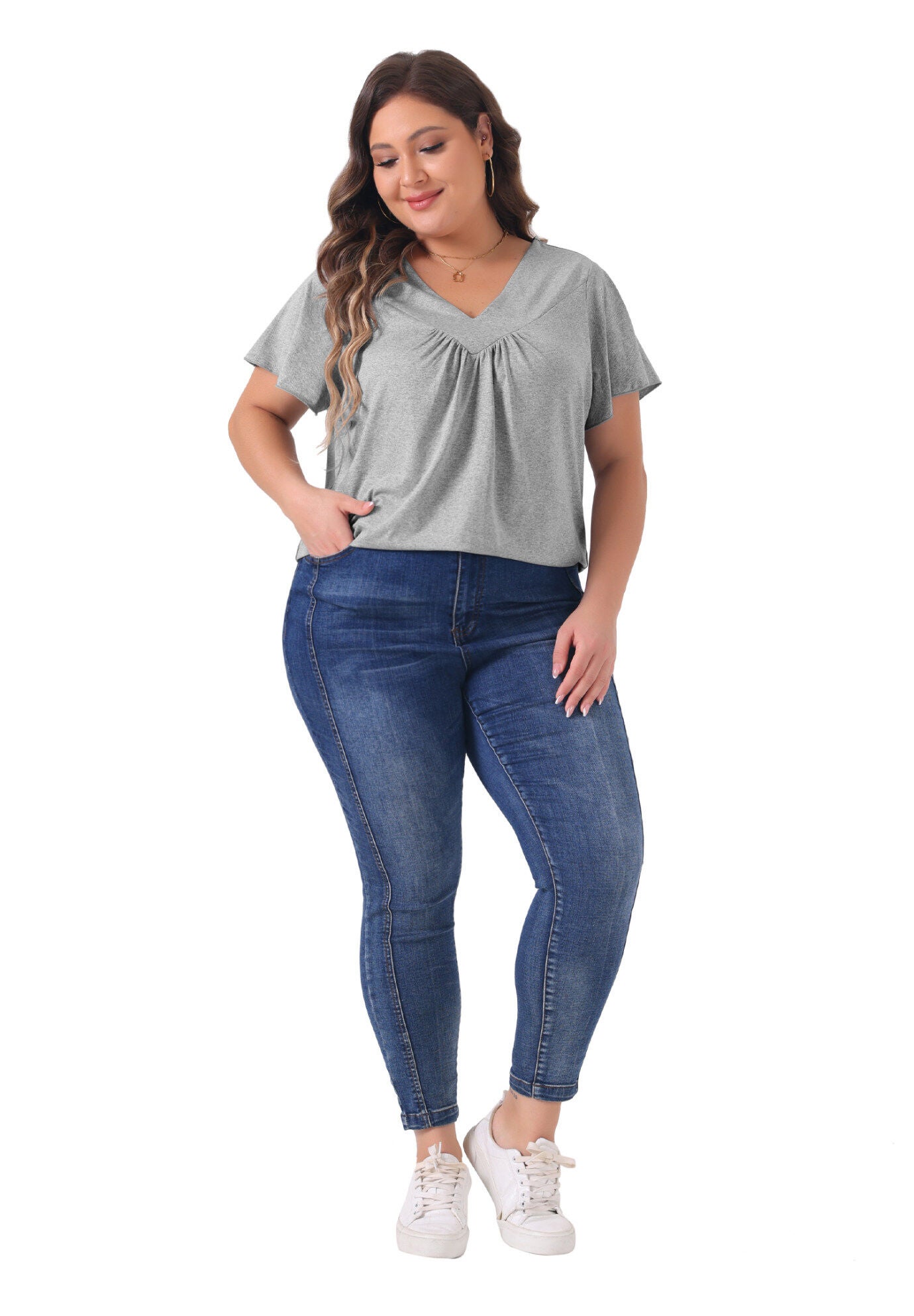 V Neck Ruffle Short Sleeve T-Shirt Top, Grey / Light Grey, hi-res image number 0