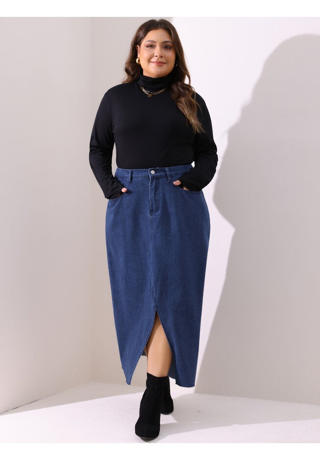 Denim Frayed Raw Hem High Waist Front Slit Long Jean Maxi Skirt, Dark Blue / Navy, hi-res image number null