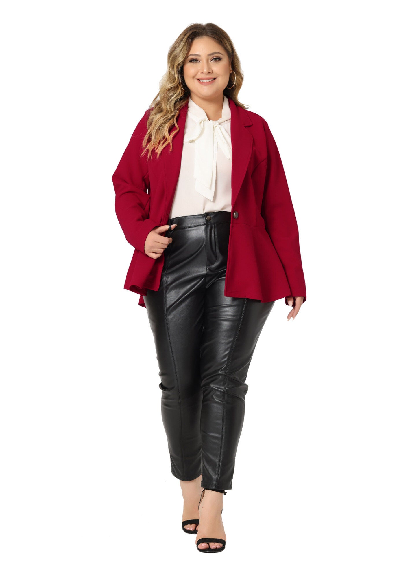 RUFFLE V NECK BUTTON NOTCH PANEL PEPLUM BLAZER, Red / Red, alternate image number 1