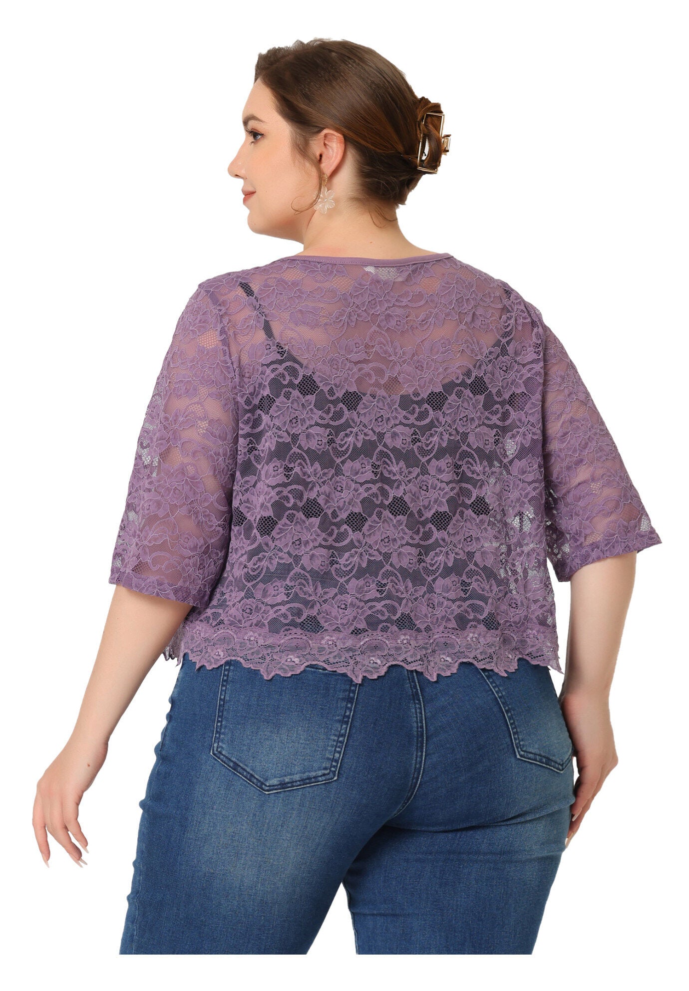 1/2 SLEEVE SHEER LACE BOLERO SHRUG, Purple / Purple, alternate image number 3