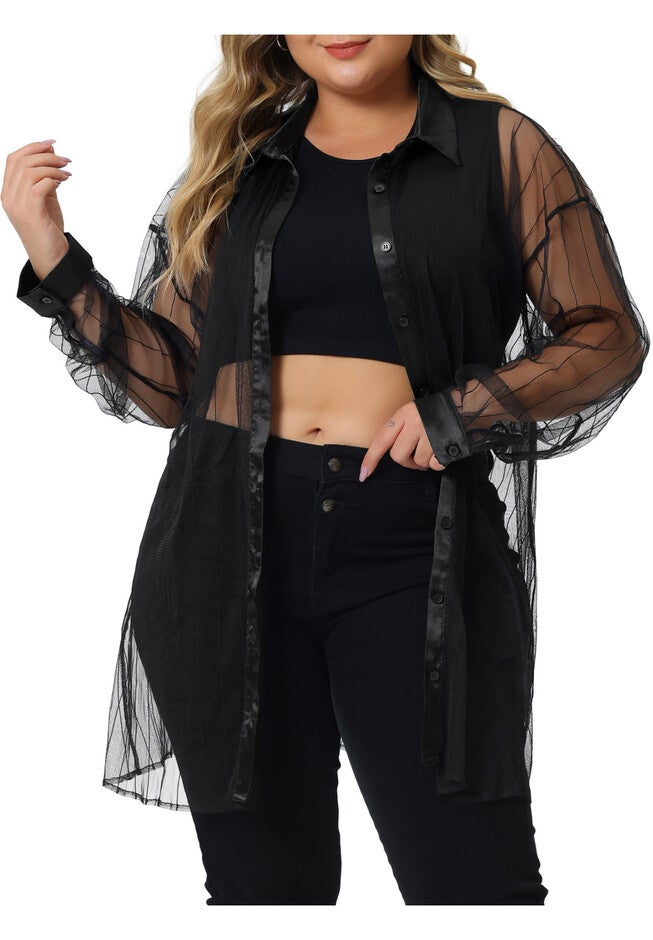 MESH SHEER LONG SLEEVE BUTTON DOWN SEE THROUGH SHIRT TOP, Black / Black, alternate image number 1