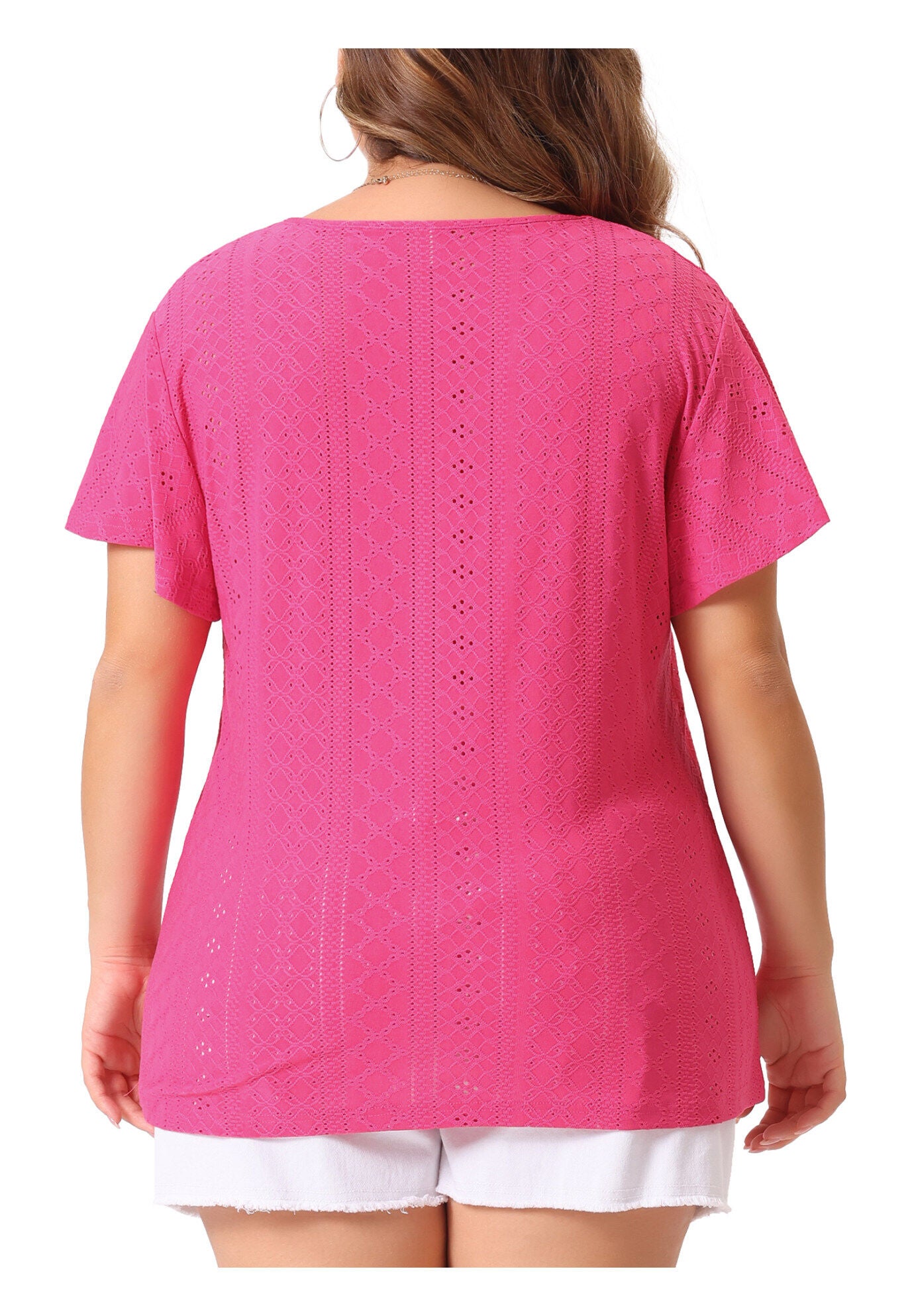 Summer Tee V Neck Hollow Flare Short Sleeve Casual Top Tunic, Hot Pink / Deep Fuchsia, alternate image number 3