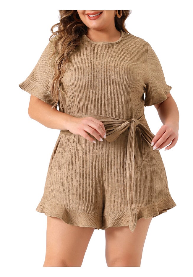 SHORT SLEEVE RUFFLE FRONT TIE SHORT JUMPSUIT ROMPER, Brown / Brown, alternate image number 2