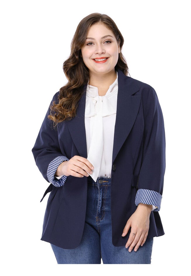CONTRAST STRIPE CUFF NOTCHED LAPEL BLAZER, Blue / Navy, alternate image number 1