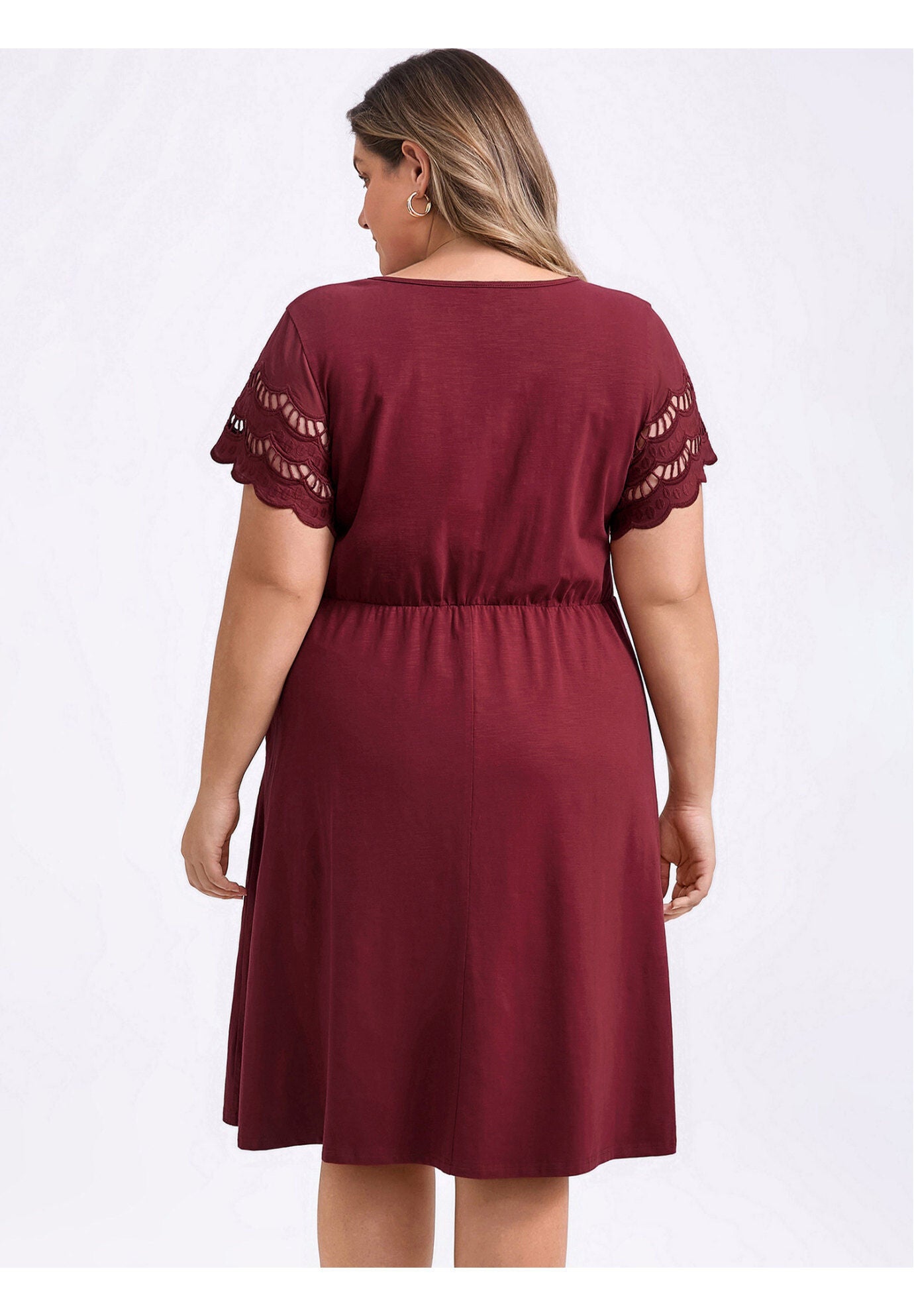 V Neck Embroidered Hollow Eyelet Short Sleeve Midi Casual Dress with Pockets, Burgundy / Burgundy, alternate image number 2