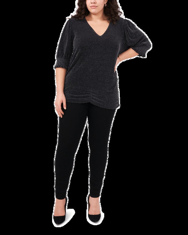 Lyla Puff Sleeve Metallic Top, Rich Black / Black, alternate image number 3