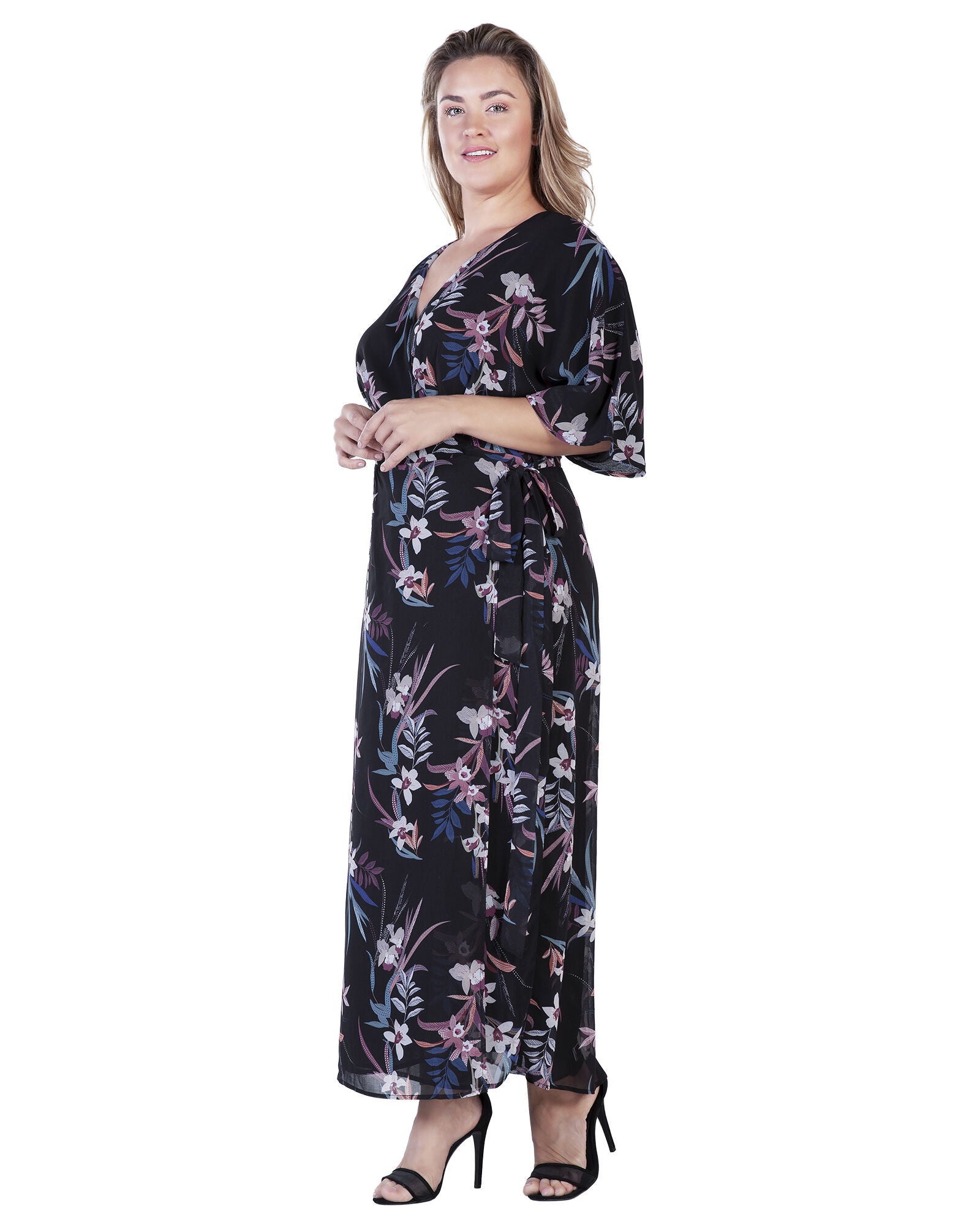 Plus Size Olivia Kimono Wrap Maxi Dress, Black Tropical Floral / Black, alternate image number 3