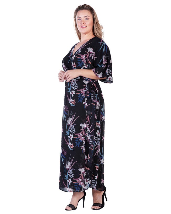 Plus Size Olivia Kimono Wrap Maxi Dress, Black Tropical Floral / Black, alternate image number 3