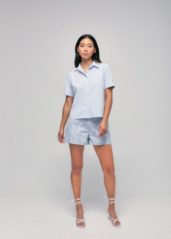 Rolled Short Sleeve Hem Top, Blue / Light Blue, alternate image number 1