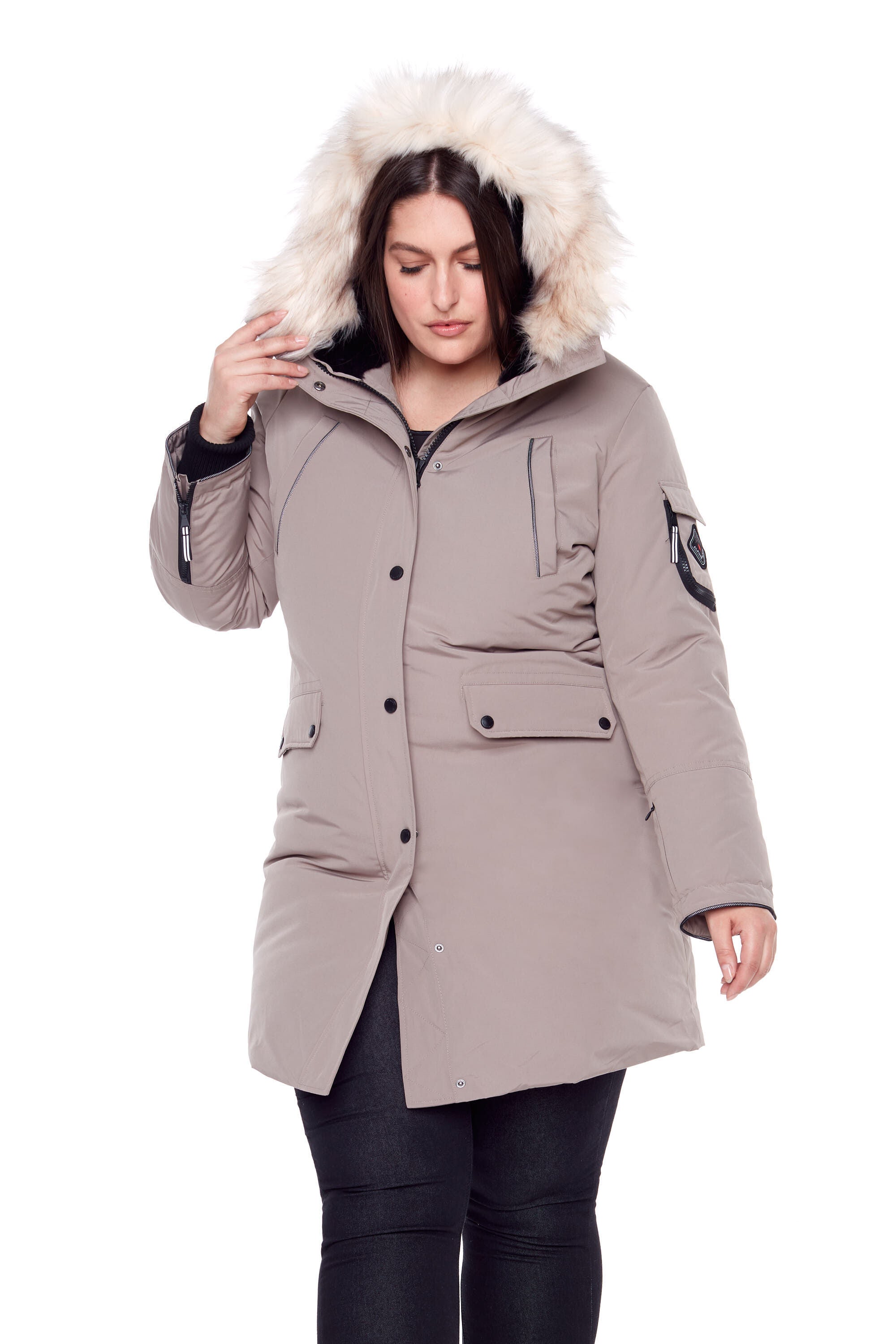 LAURENTIAN | Vegan Down Recycled Long Parka Winter With Faux Fur Hood, Taupe / Taupe, alternate image number 2