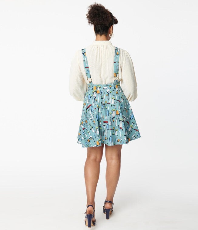 Unique Vintage Sage Green & Mushroom Print Brionne Pinafore Skirt, , alternate image number null