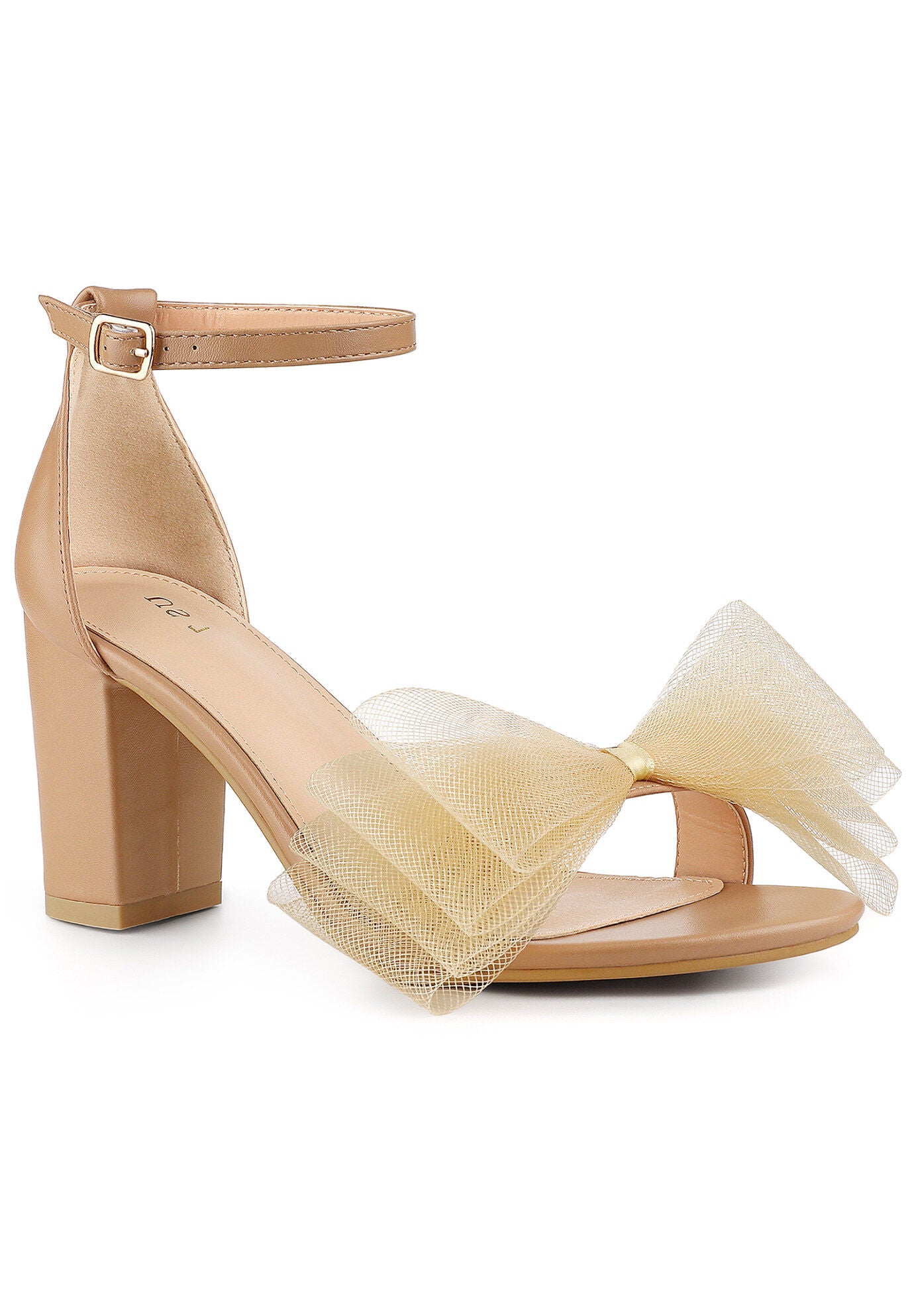 Bow Tie Ankle Strap Chunky High Heels Sandals, Nude / Beige, hi-res image number 0