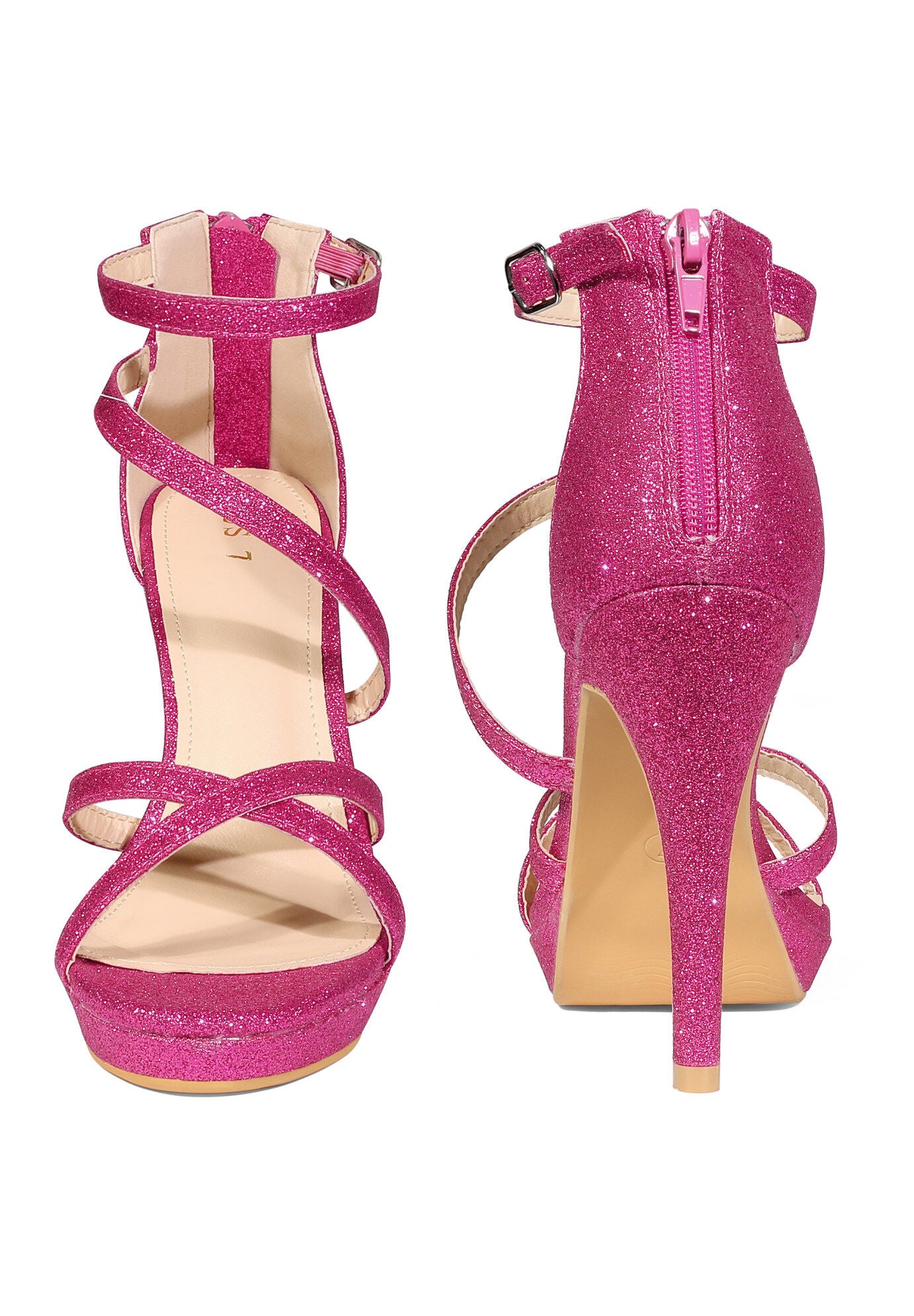 Platform Glitter Strappy Stiletto Heels Sandals, Hot Pink / Deep Fuchsia, alternate image number 1
