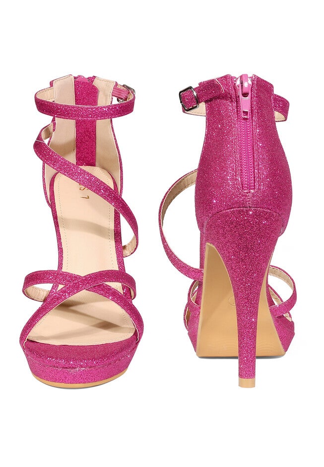 Platform Glitter Strappy Stiletto Heels Sandals, Hot Pink / Deep Fuchsia, alternate image number 1