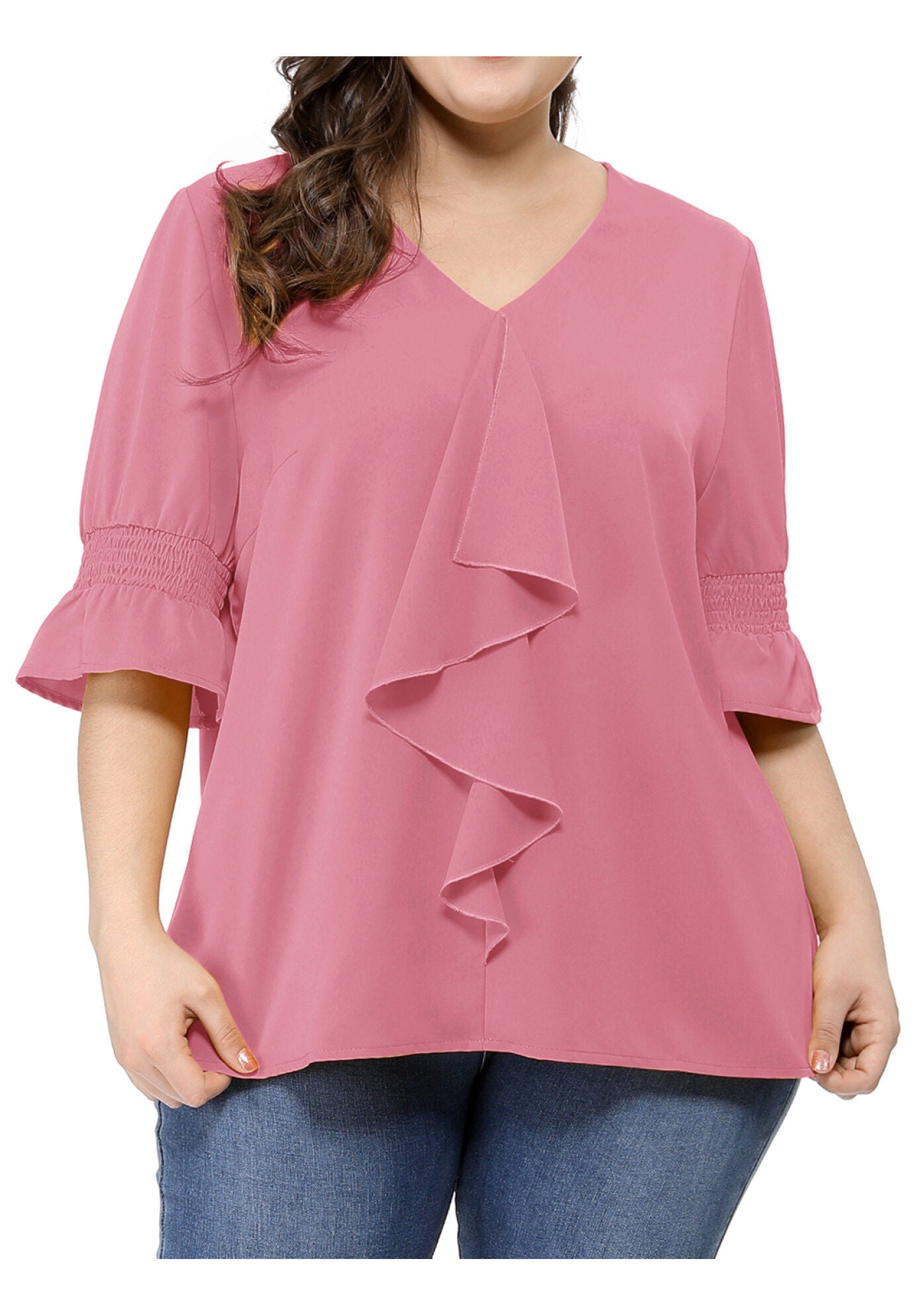Ruffle Blouse V Neck Smocked Sleeves Top, Pink / Pink, alternate image number 2