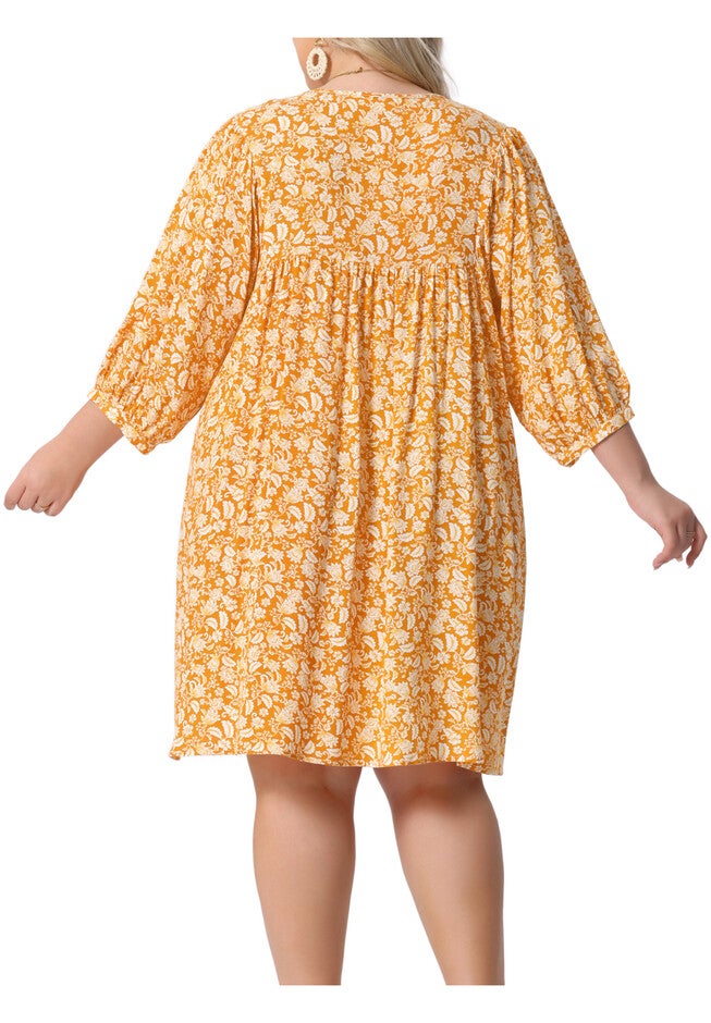 Summer Drawstring V Neck Babydoll Midi Flowy Sundress, Orange / Orange, alternate image number 3